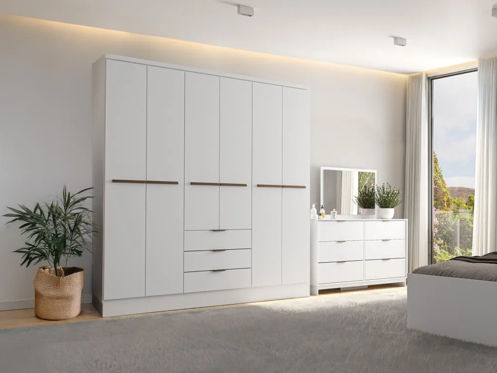 Armario de 6 puertas y 3 cajones - L180 cm - Blanco - Mueblesclasic