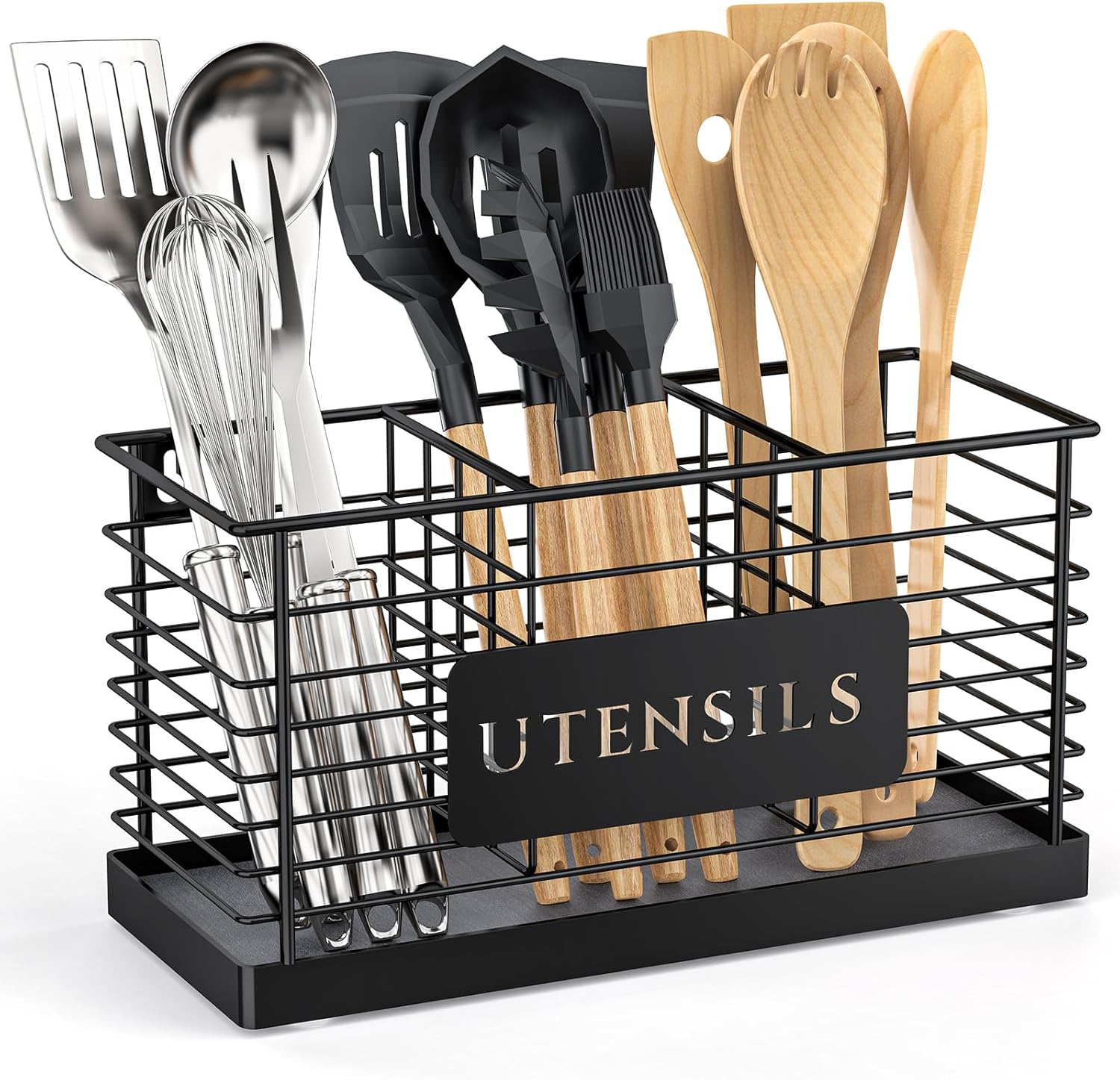THYGIFTREE Utensil Holder for Kitchen Counter with Diatomaceous Earth Base, Large Black Metal Cooking Tool Organizer with 3 Compartments, Countertop Utensil Holder for Spatula and Kitchen Utensils