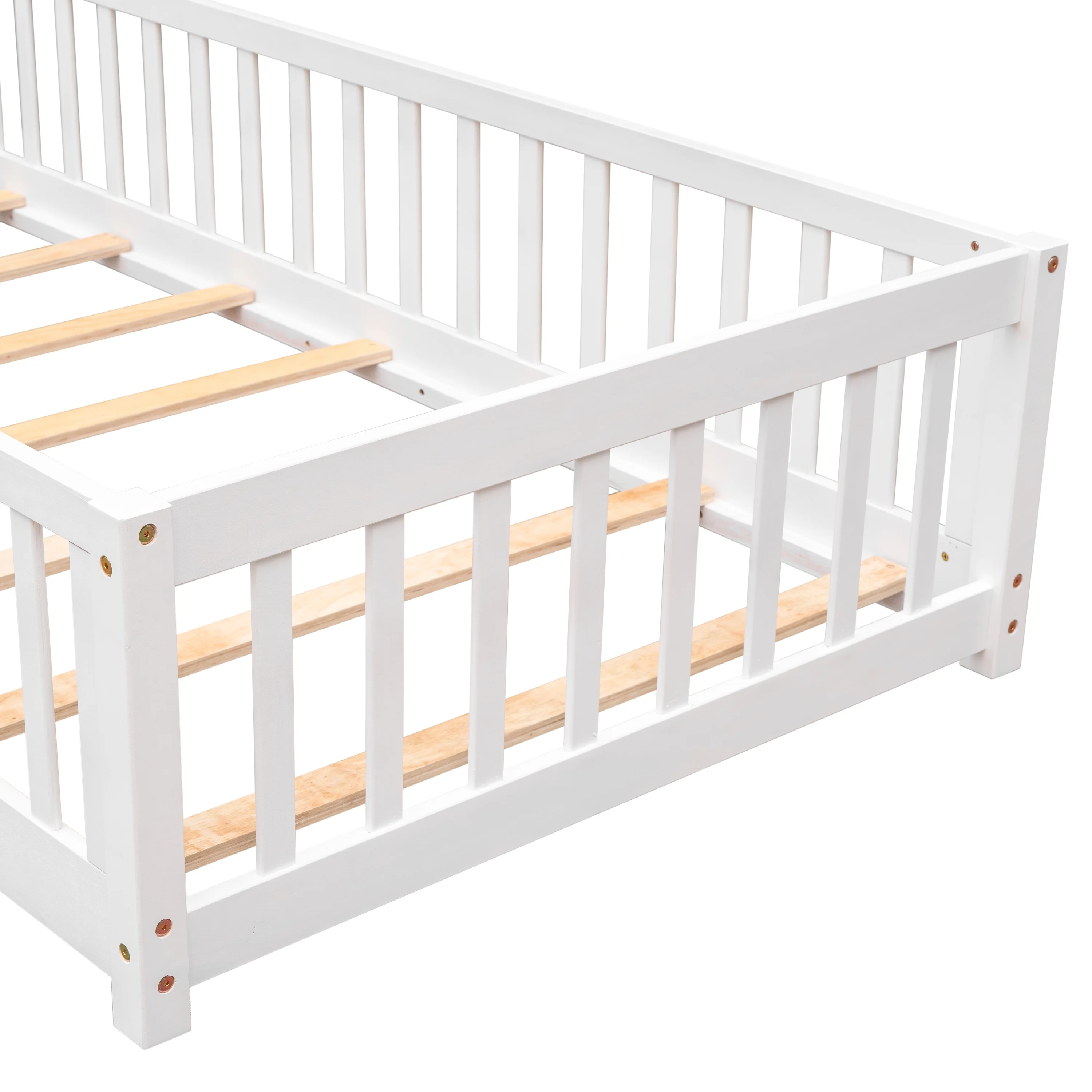 UHOMEPRO Twin Size Floor Bed with Door and Fence, Montessori Floor Bed with Slats and Safety Guardrails, Solid Wood Twin Bed Frame for Bedroom, White - Image 15