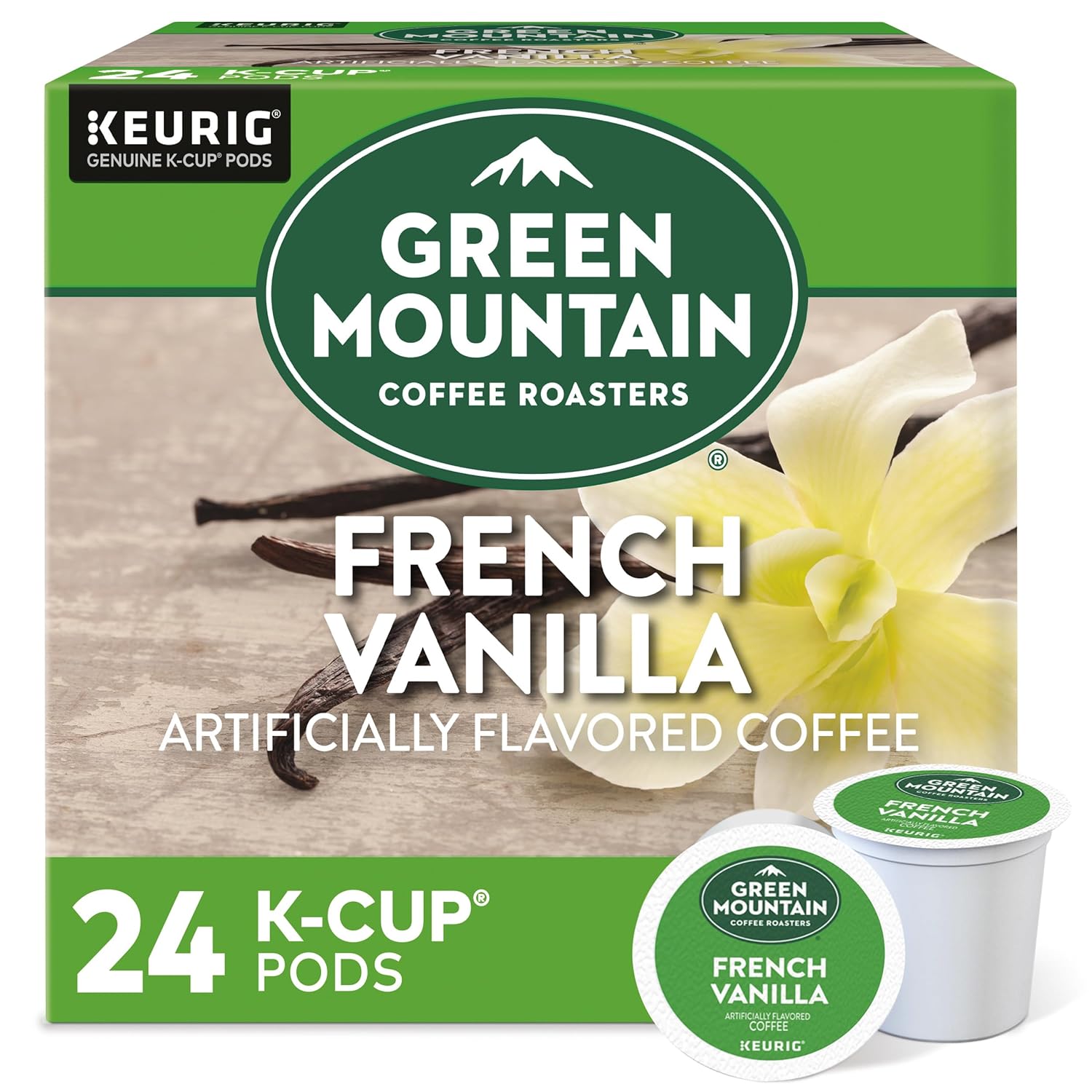 Green Mountain Coffee Roasters French Vanilla. Single-Serve Keurig K-Cup Pods. Flavored Light Roast Coffee. 24 Count