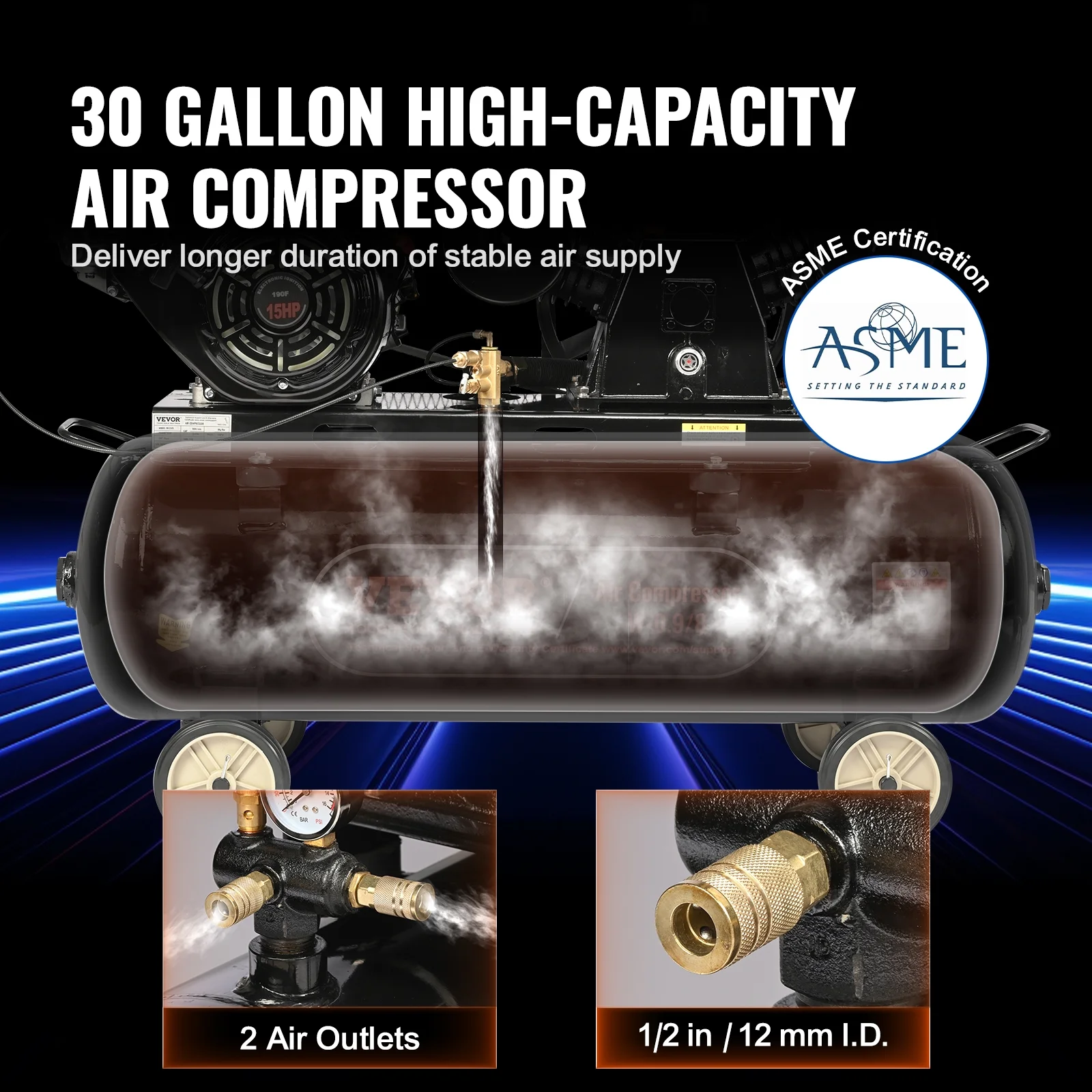 KFFKFF 15HP Gas-Fueled Air Compressor, 30 Gallon Horizontal Compressor Tank, 33CFM@115PSI Gas Propelled Piston Pump Compressed Air System with 115PSI Maximum Pressure for Building Sites Workshop - Image 3