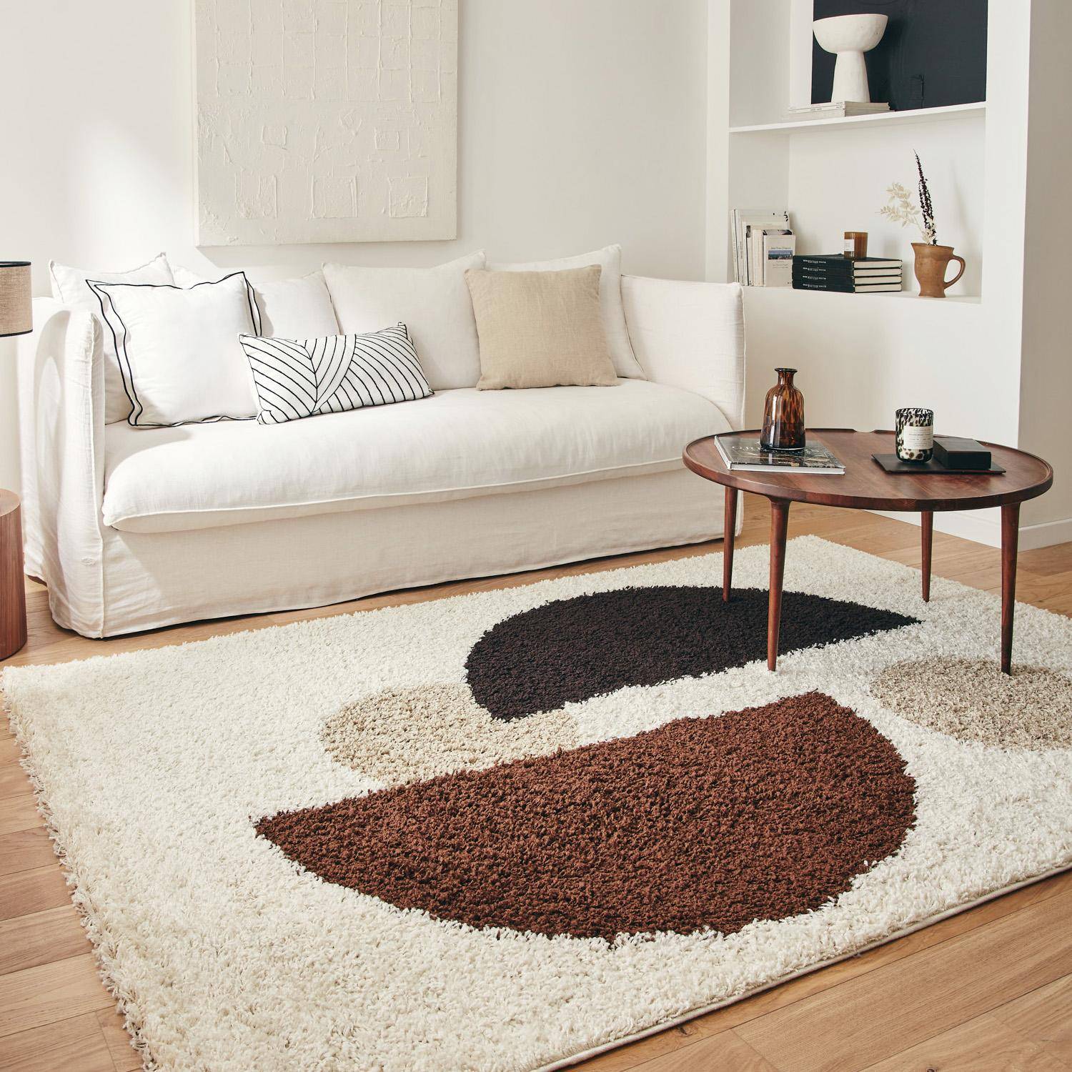 Pitt - Alfombra interior shaggy motivos circulares beige, marrón, negro