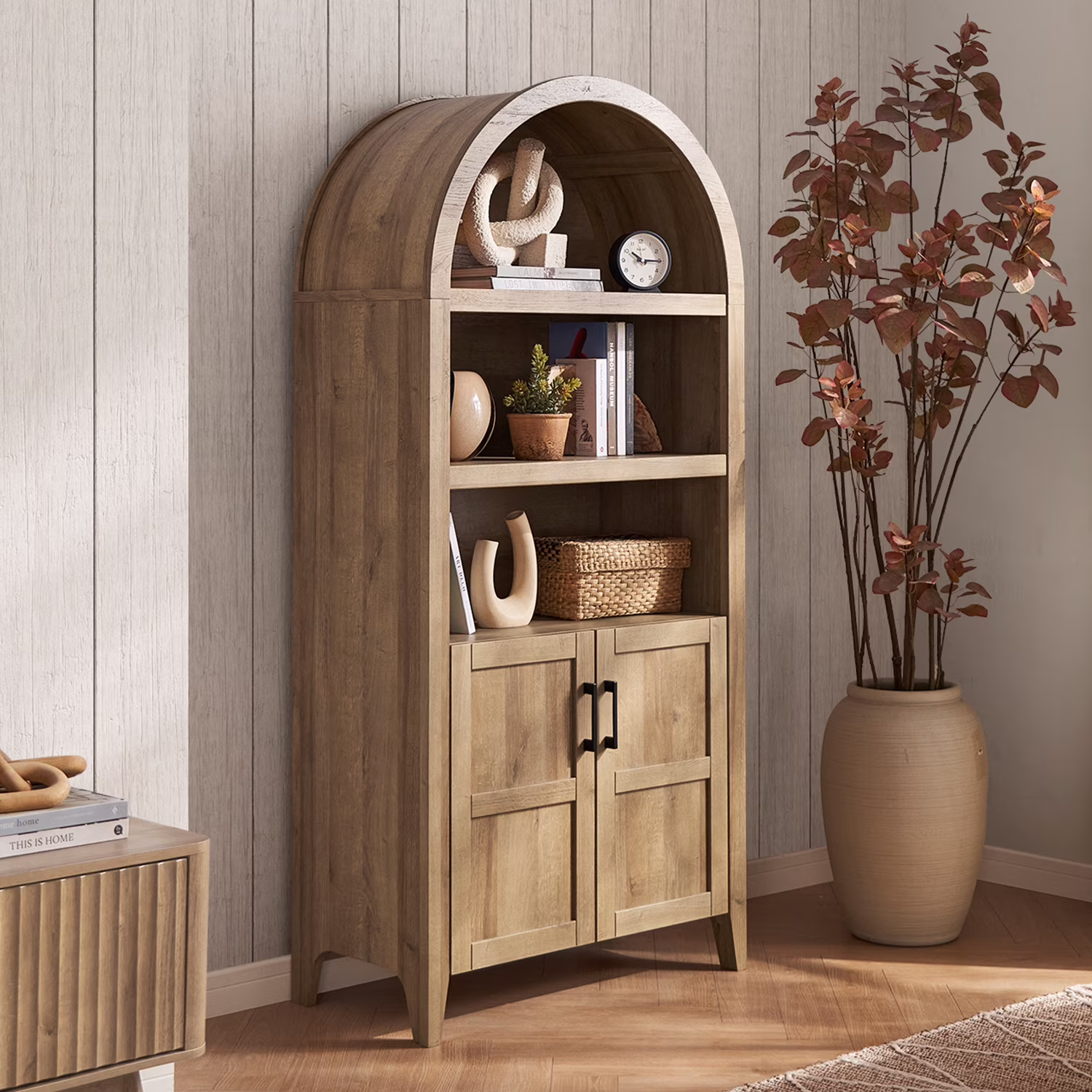 mopio Lauren 65.4" Arched Cabinet, 5-Tier Arched Bookcase with Doors and Shelves, Arched Bookshelf with Storage, Kitchen Pantry Cabinet, Wooden Storage Cabinet for Living Room, Kitchen (Oak) - Image 7