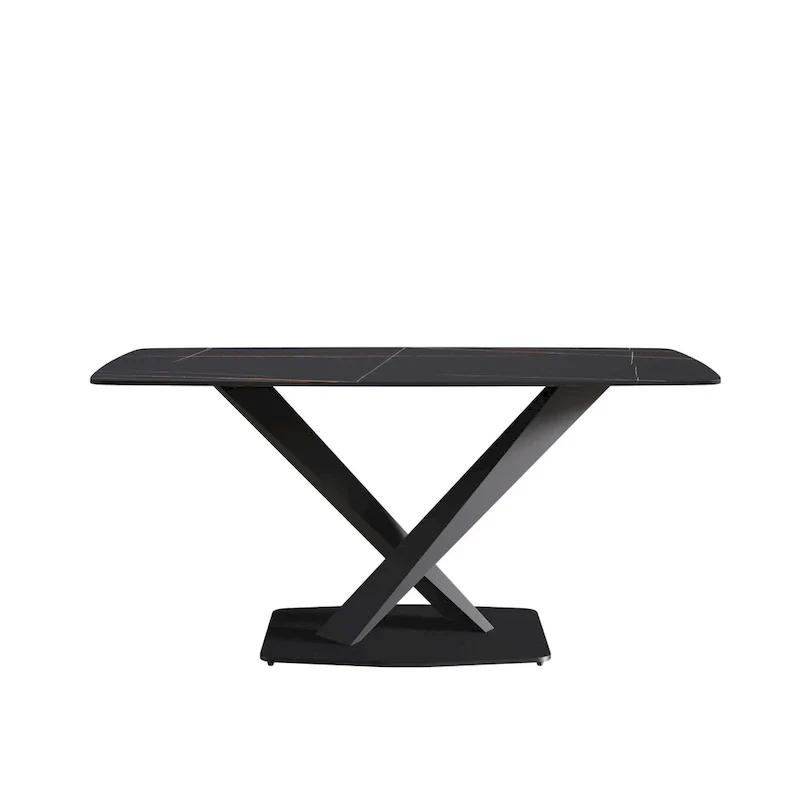 63-Inch Contemporary Dining Table with Slate Stone Surface and Metal Legs, Marble Finish