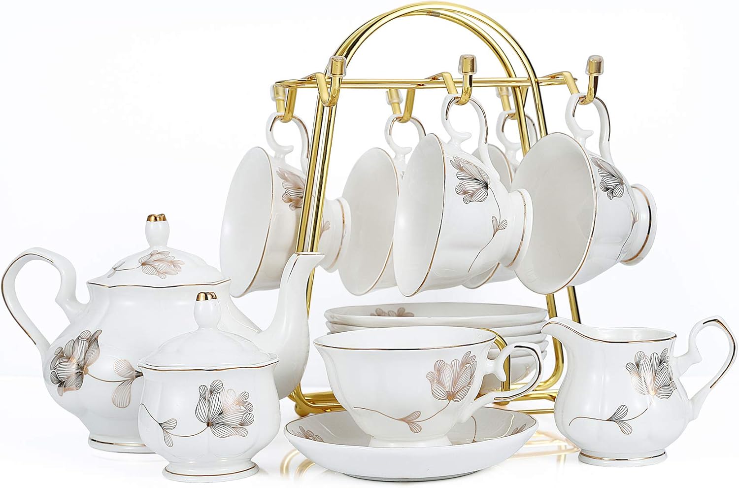CHENP.HMC Tea Set 22-Piece Porcelain Ceramic Coffee Tea Gift Sets Cups Saucer Service for 6 Teapot Sugar Bowl Creamer Pitcher and Teaspoons (WHITE3)