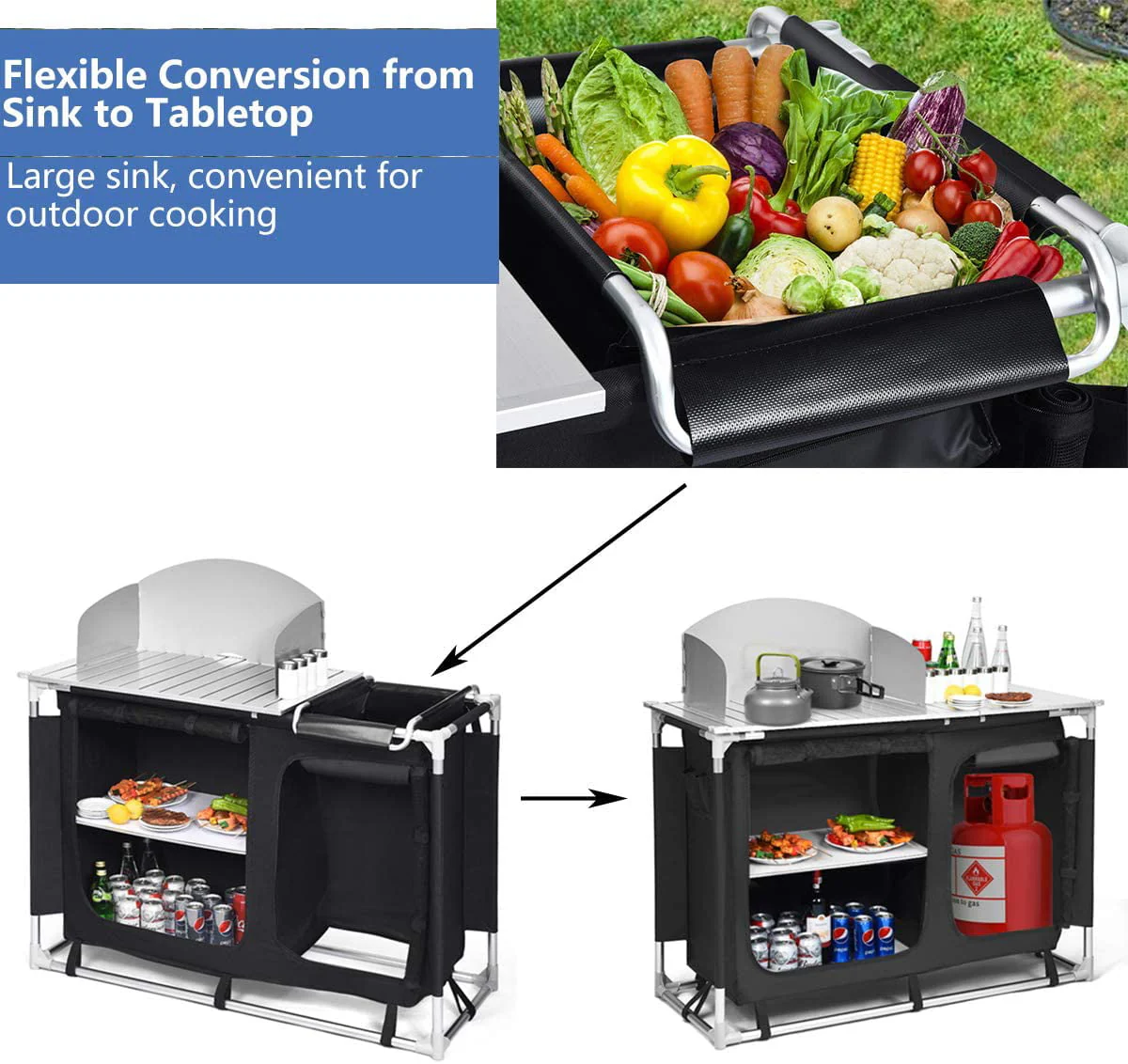 Camping Kitchen Table, Camping Grill Table w/Windscreen & Storage Organizer, Outdoor Kitchen Cook Station with Basin for BBQ, Party, Picnics, Backyards, BBQ Table - Image 4