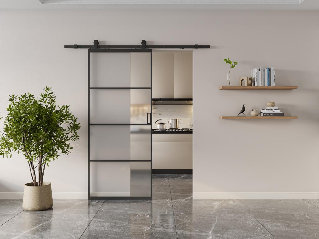 Puerta corredera vista - aluminio y cristal templado esmerilado - Alt. 205 x L83 cm - SINCA II