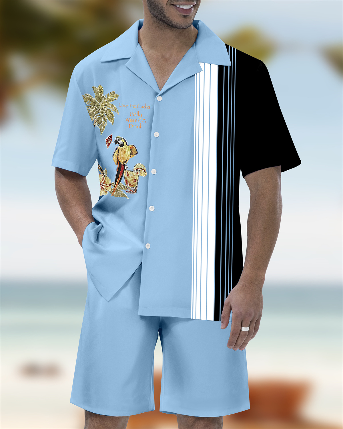 Men's Parrot Head Party Hawaiian Cuban Collar Short Sleeve Shirt Set