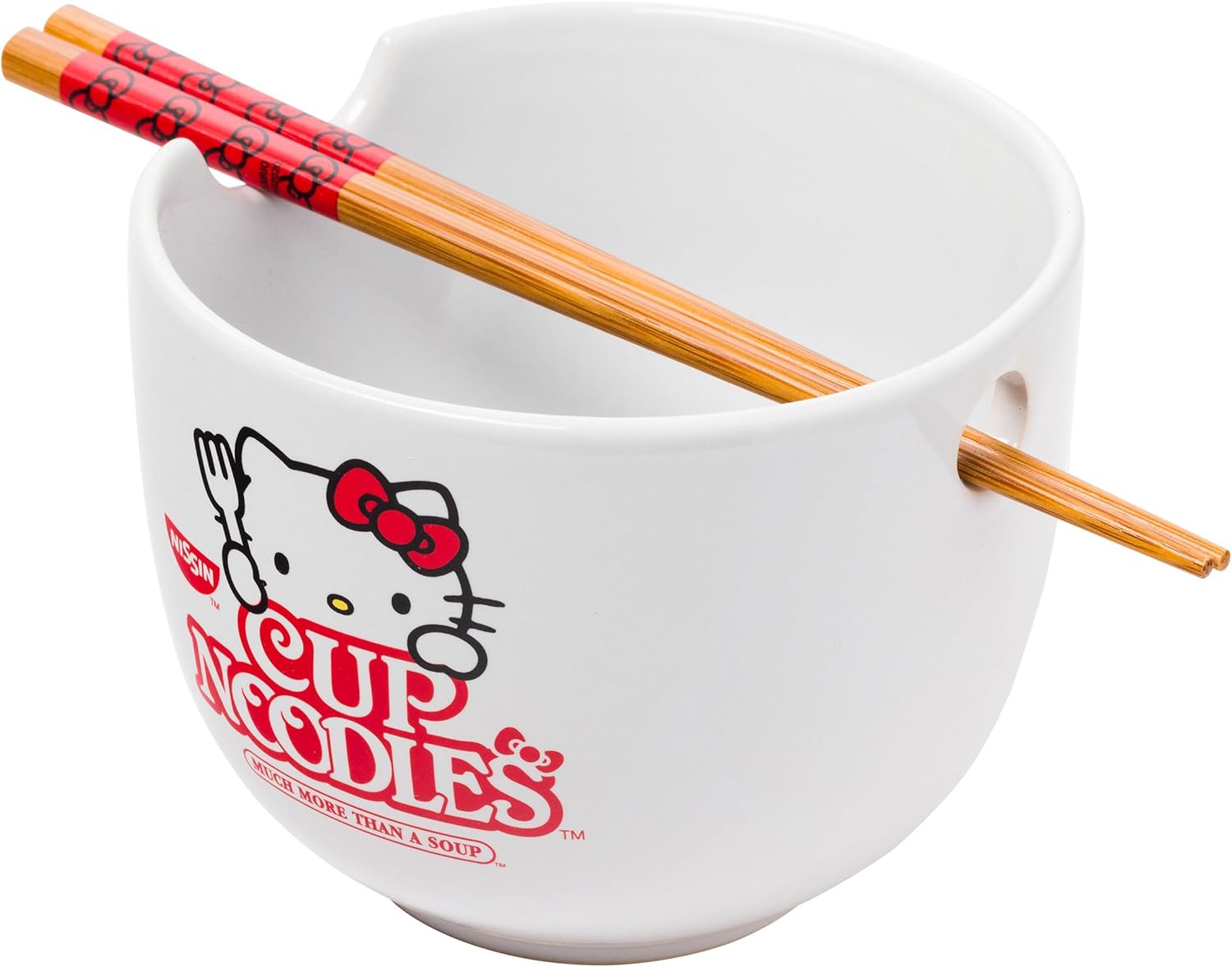 Silver Buffalo Sanrio Hello Kitty Face with Different Color Bows Pattern Ceramic Ramen Noodle Rice Bowl with Chopsticks, Microwave Safe, 20 Ounces