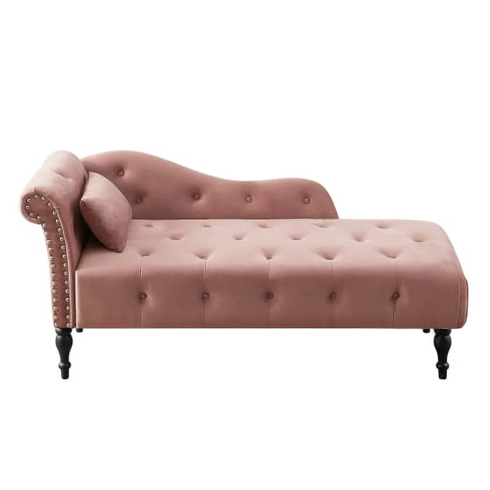 60.6" Velvet Chaise Lounge Chair, Sleeper Lounge Sofa with Buttons Tufted and Nailhead Trimmed, Modern Tufted Long Lounger with 1 Pillow and Solid Wood Legs, for Living Room or Office, Rose - Image 3