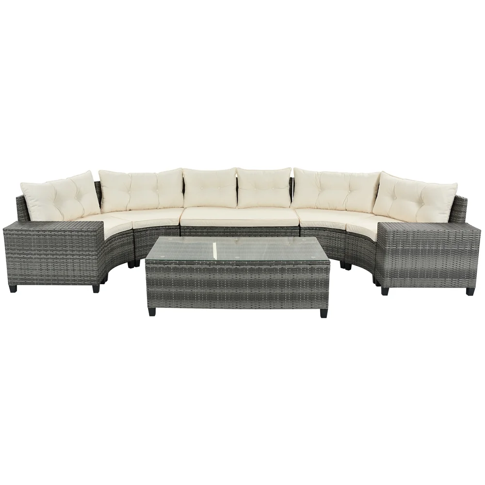 8 Pieces Outdoor Wicker Round Furniture Set, All Weather Half-Moon Sectional Patio Sofa Sets with Rectangular Coffee Table, Beige - Image 14