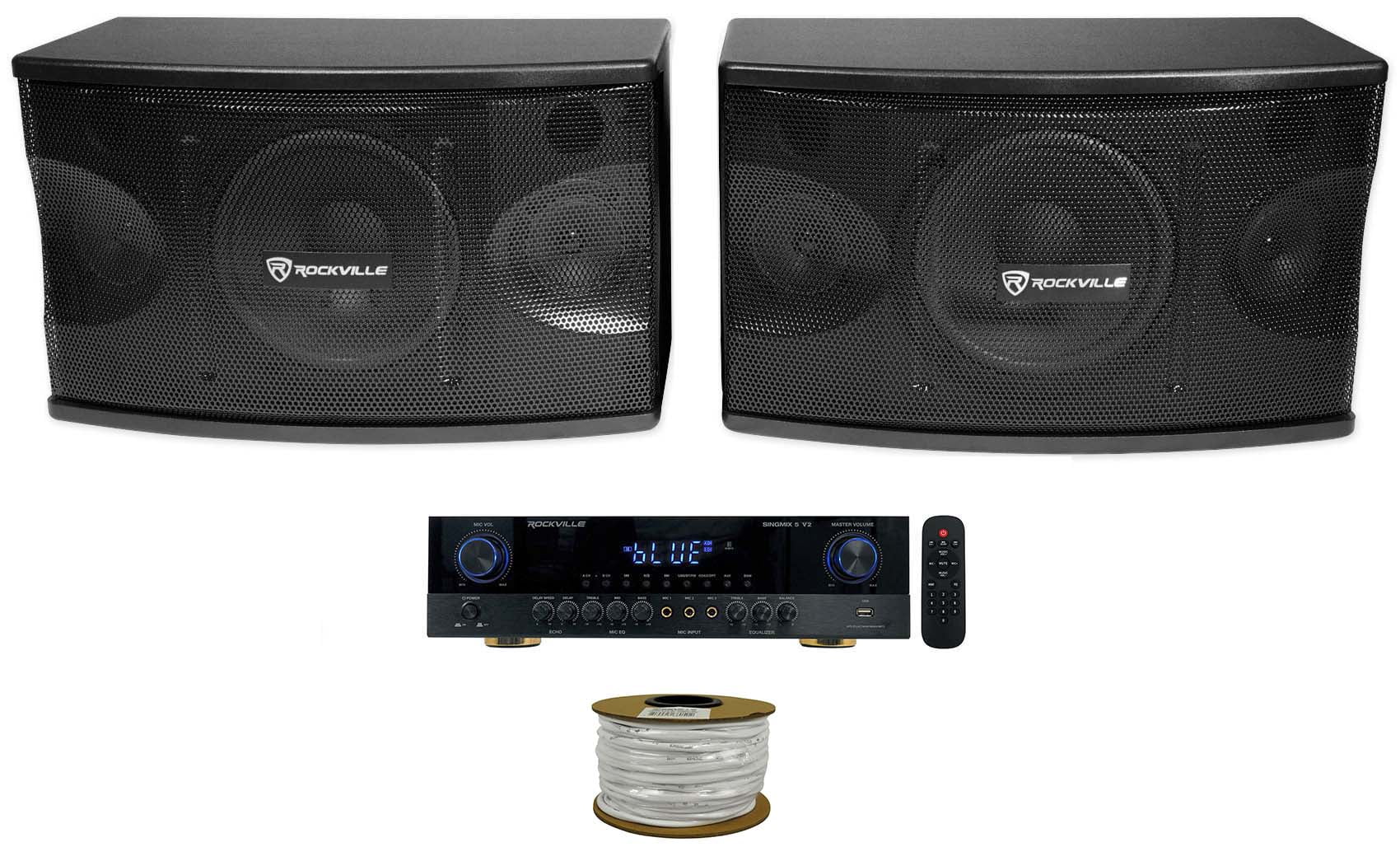 2) Rockville KPS80 8" Karaoke Vocal Speakers+Singmix 5 Bluetooth Amplifier Mixer + Rockville R14GSBR100 Red/Blk 14 Gauge 100' Ft. Mini Spool Car Audio Speaker Wire