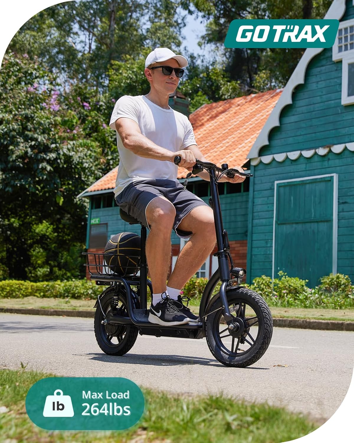 Gotrax adult electric scooter with seat maximum range of 19-25 miles all-terrain tires wide pedals