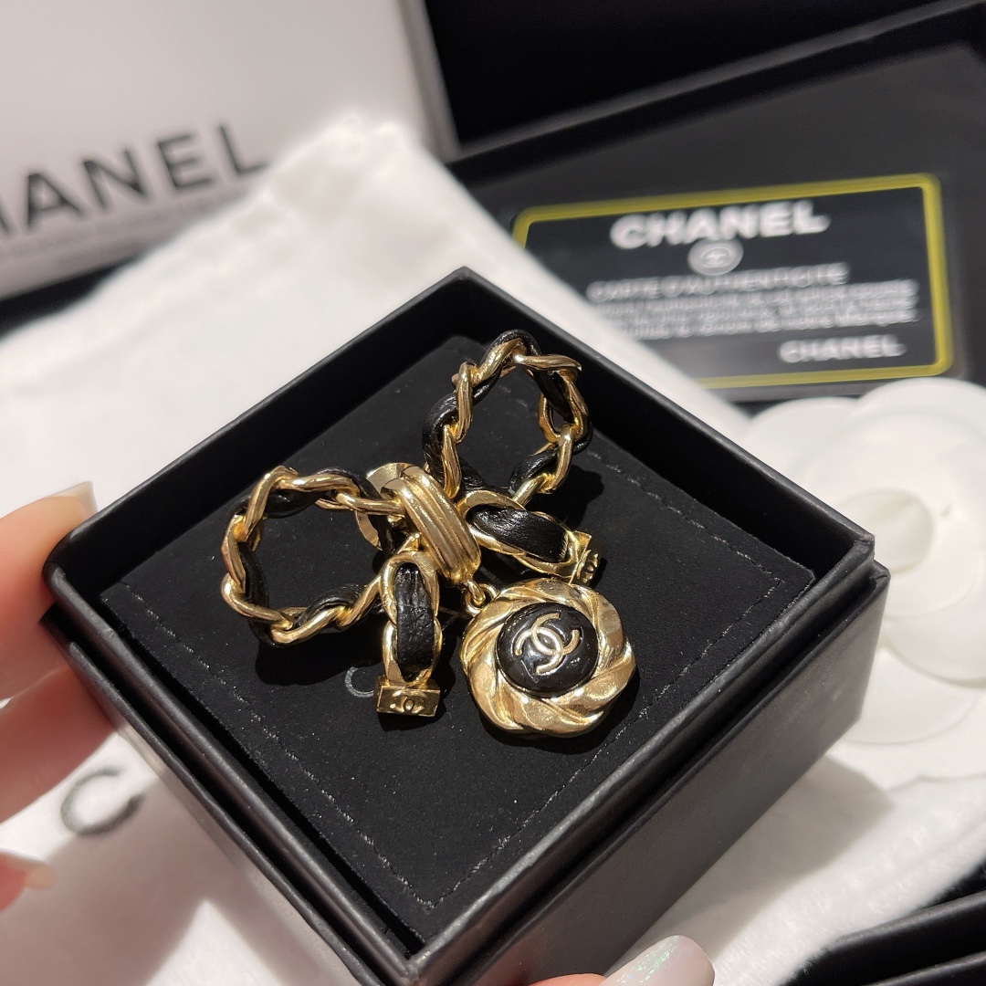 Chanel Black Leather Wrap Gold Bow Brooch - Original Replica Club