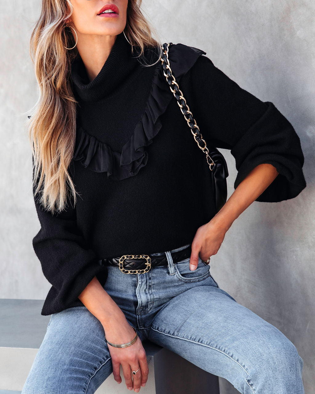 Lyric Ruffle Crop Turtleneck Sweater - Black - SALE - Se7enfashion