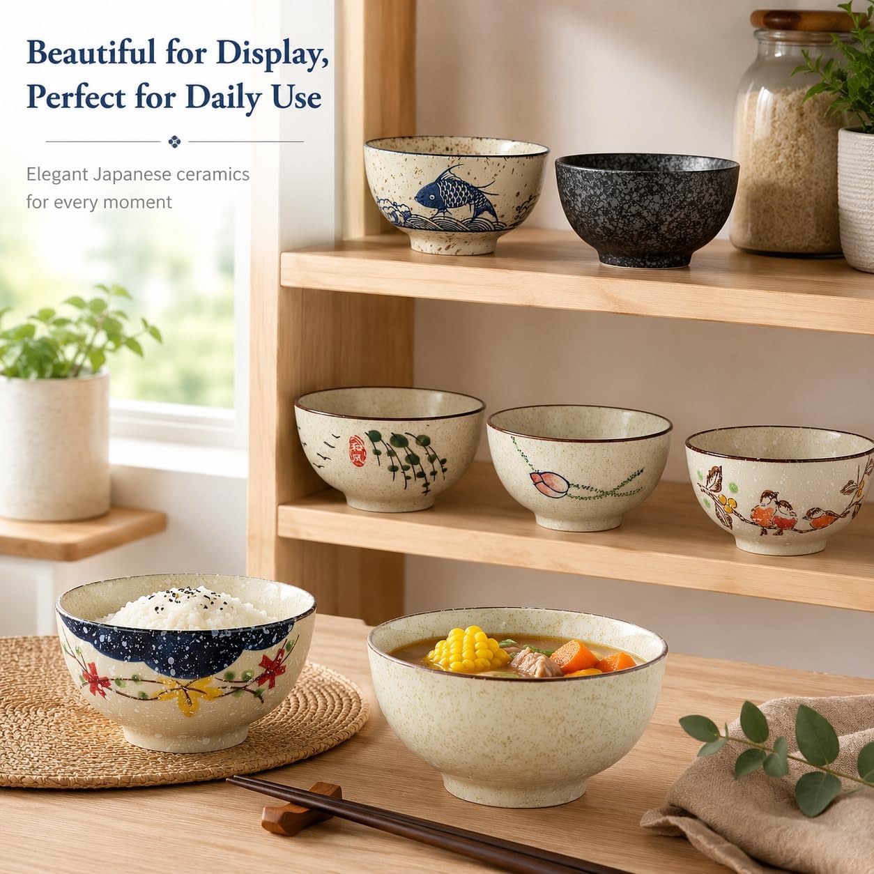 clothmile 4.5 Inch Japanese Retro Rice Bowls Set of 6 Japanese Style Hand-Painted Floral Plum Ceramic Bowls for Cereal, Soup, Dessert, Snack, Fruit, Salsa for Xmas Holiday Present