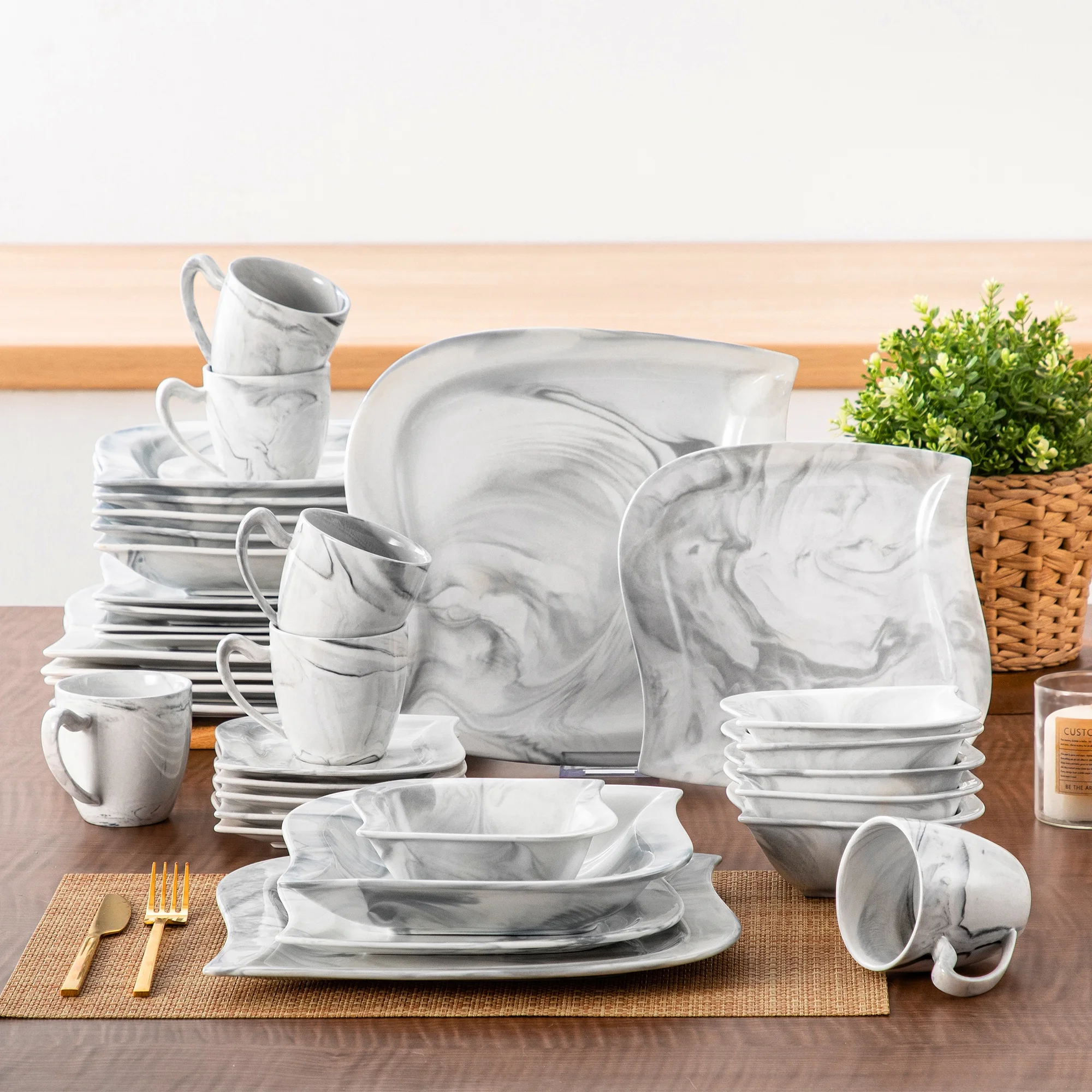 vancasso 36 pcs Dinnerware Sets, Plates and Bowls Set for 6, Porcelain Dinner Set, Marble Gray - Image 10