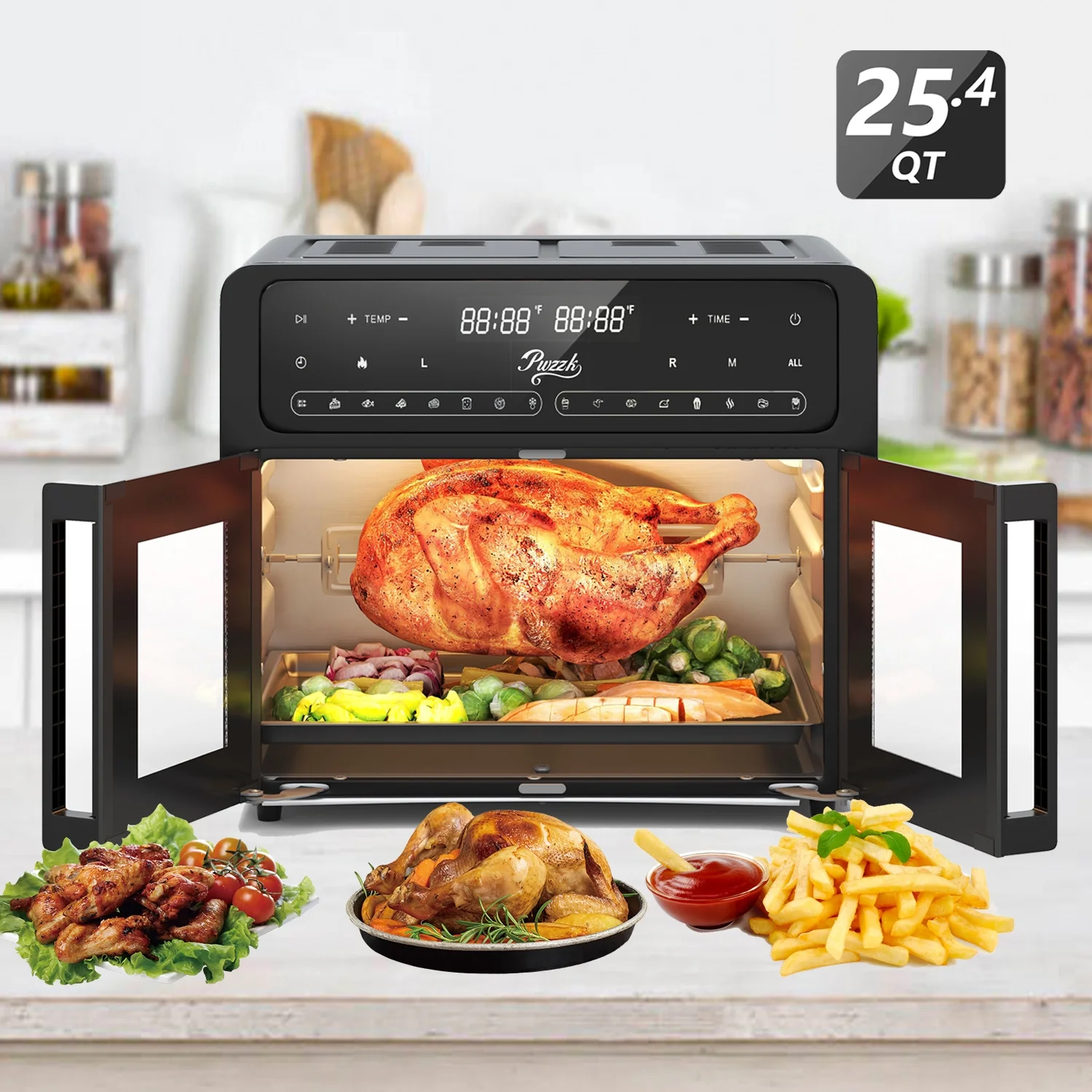 PwZzk 25.4QT Dual Zone Air Fryer Toaster Oven Combo, French Glass Door, XL Capacity, 100-430-F Temperature Range, 16 Preset Functions, LED Display, Dual Fan, 360- Heat Circulation, Rotisserie, Bake, - Image 2