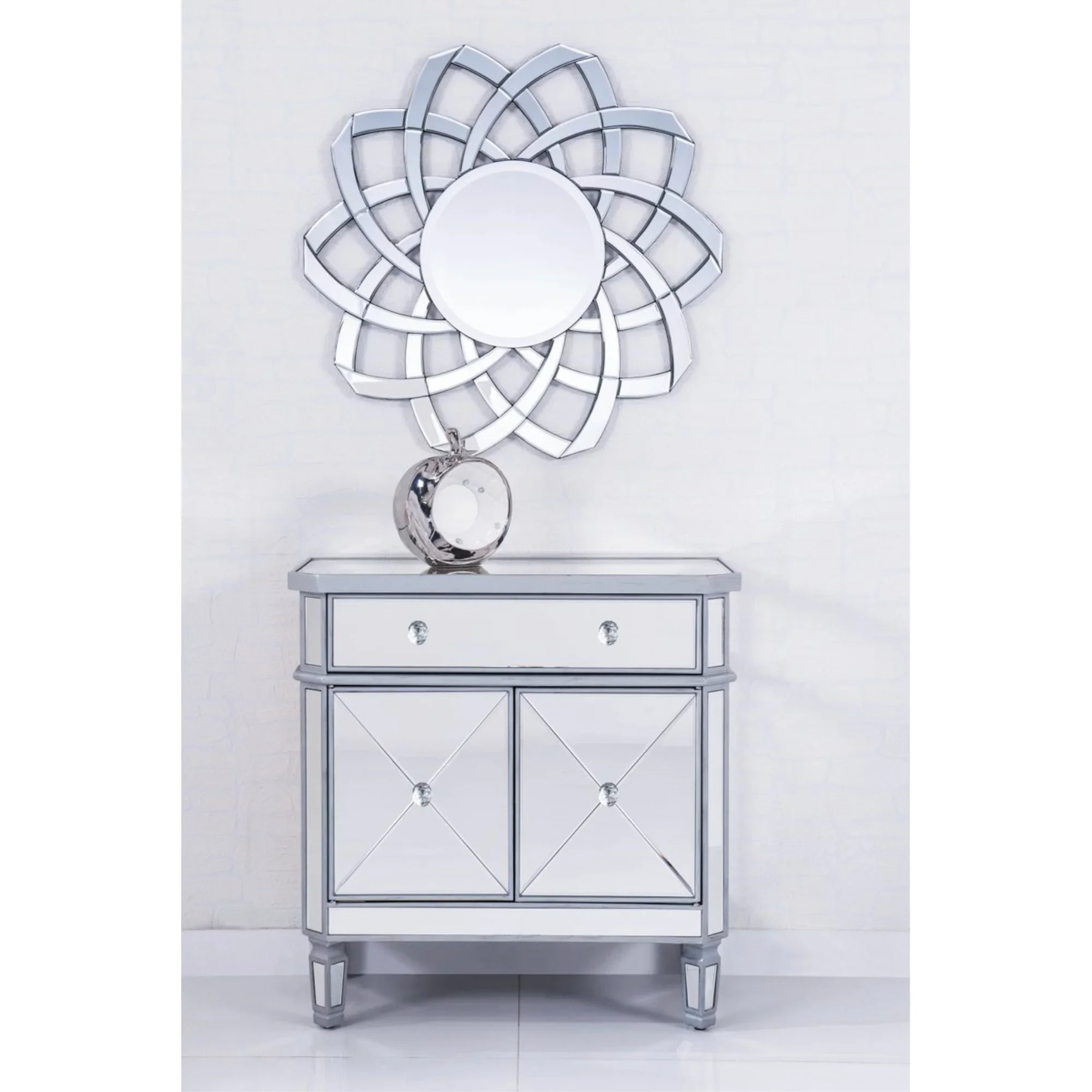 Elegant Lighting Side Cabinet Contemporary Silver Clear Brushed Steel Mirror Solid Wood Mirrors