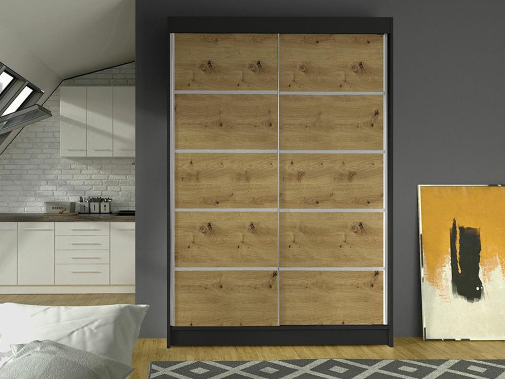 Armario Atlanta 150, Roble Artisan|Negro, 200x120x58cm, Puertas de armario: Correderas