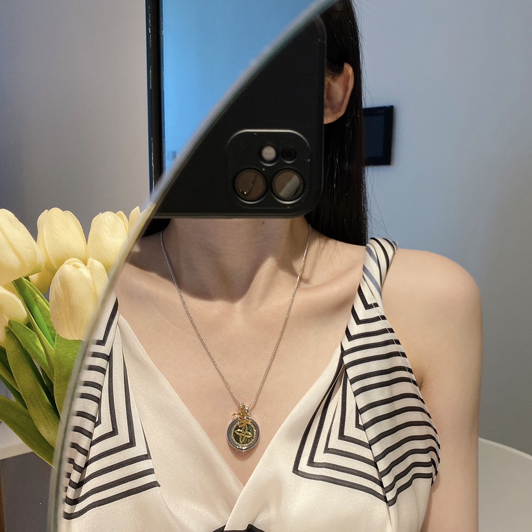 Louis Vuitton Two-Sided Silver Gold Round Rotating Pendant Necklace - Original Replica Club