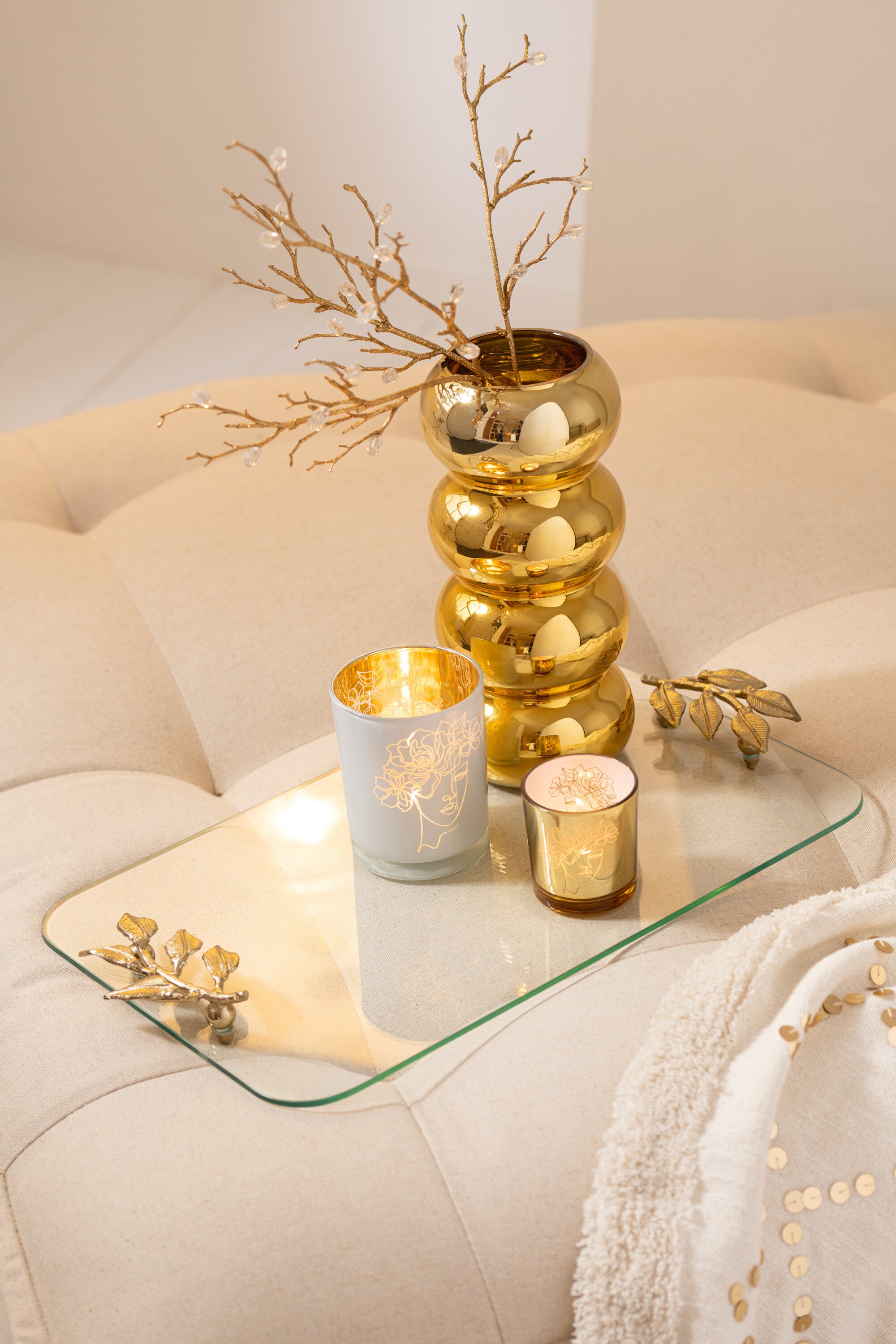 J-Line plateau Blad - glas ijzer - transparant goud