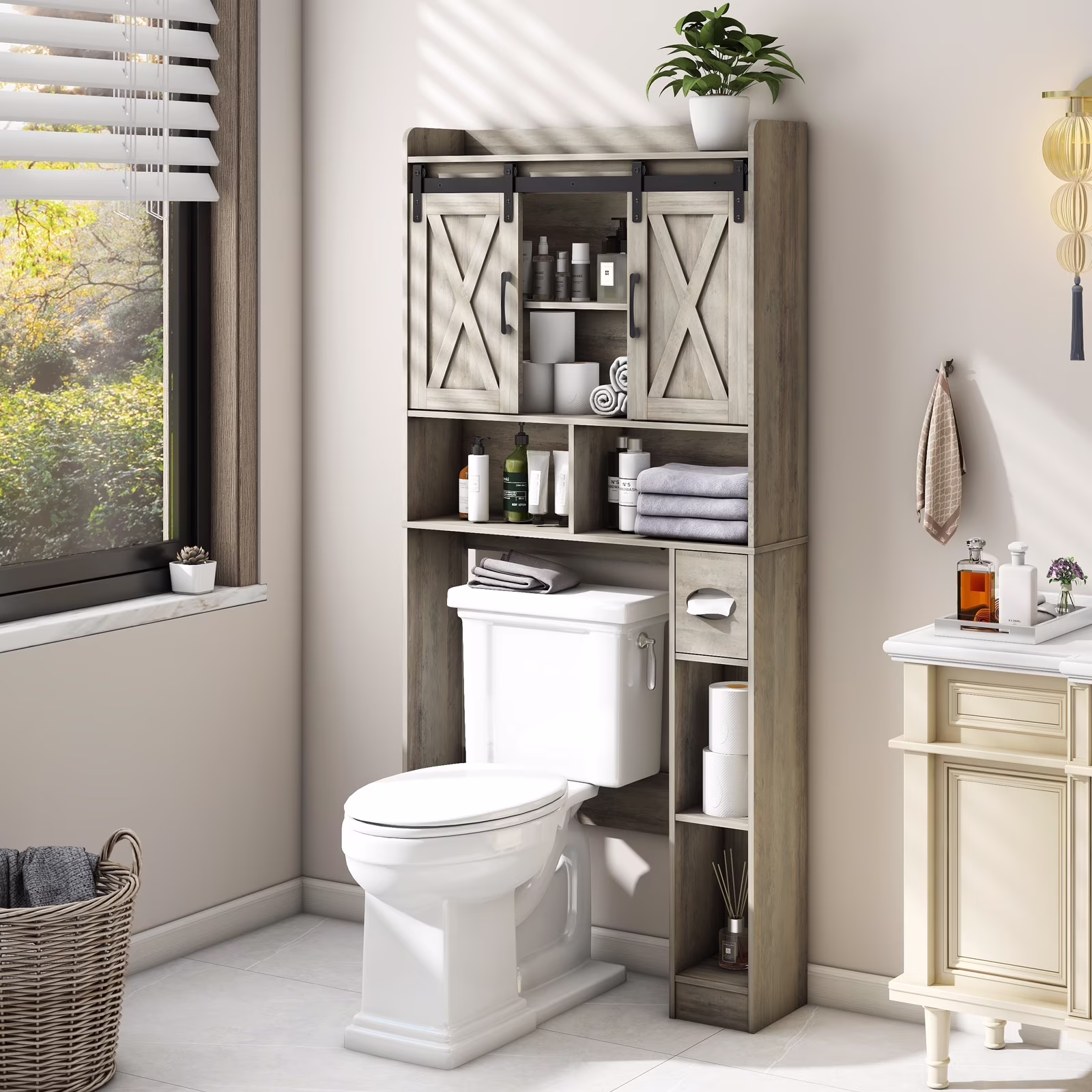 Over The Toilet Storage Cabinet, Farmhouse Storage Cabinet Over Toilet with Sliding Doors-Home Space-Saving Toilet Rack, for Bathroom, Restroom, Laundry - Image 3