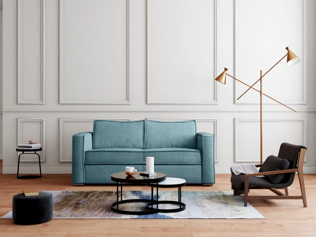 Sofá cama de 4 plazas con apertura italiana de pana azul turquesa - Somier de láminas anchas de 160 cm - Colchón de 18 cm Patriciabaezcasa