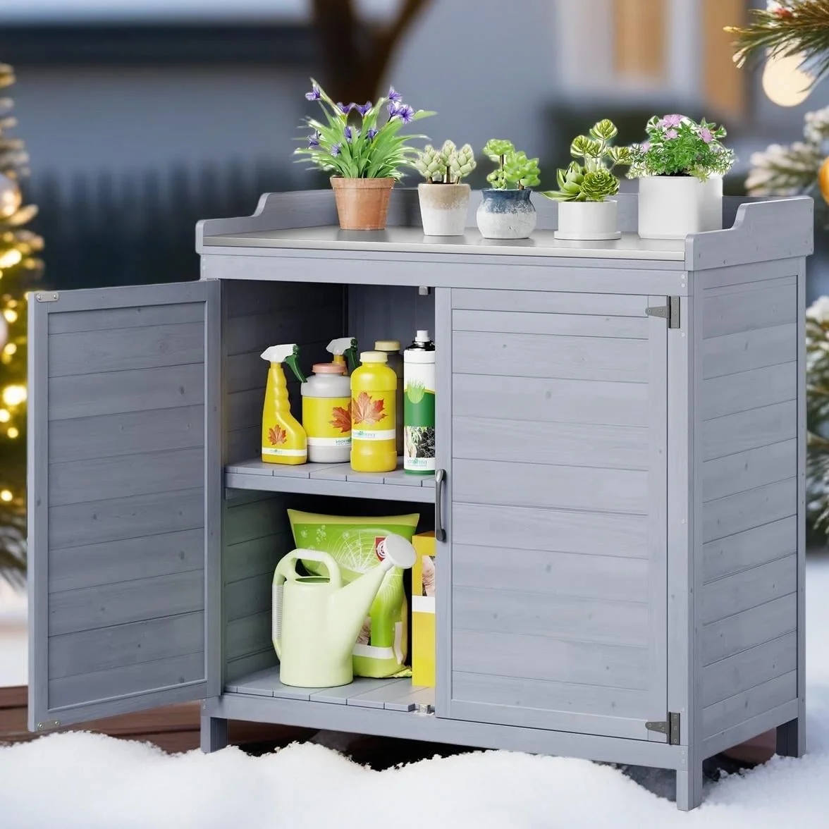 Lofka Outdoor Storage Cabinet, Outdoor Potting Bench Table with Removable Shelves for Yard, Garden, Waterproof Wood - Image 22