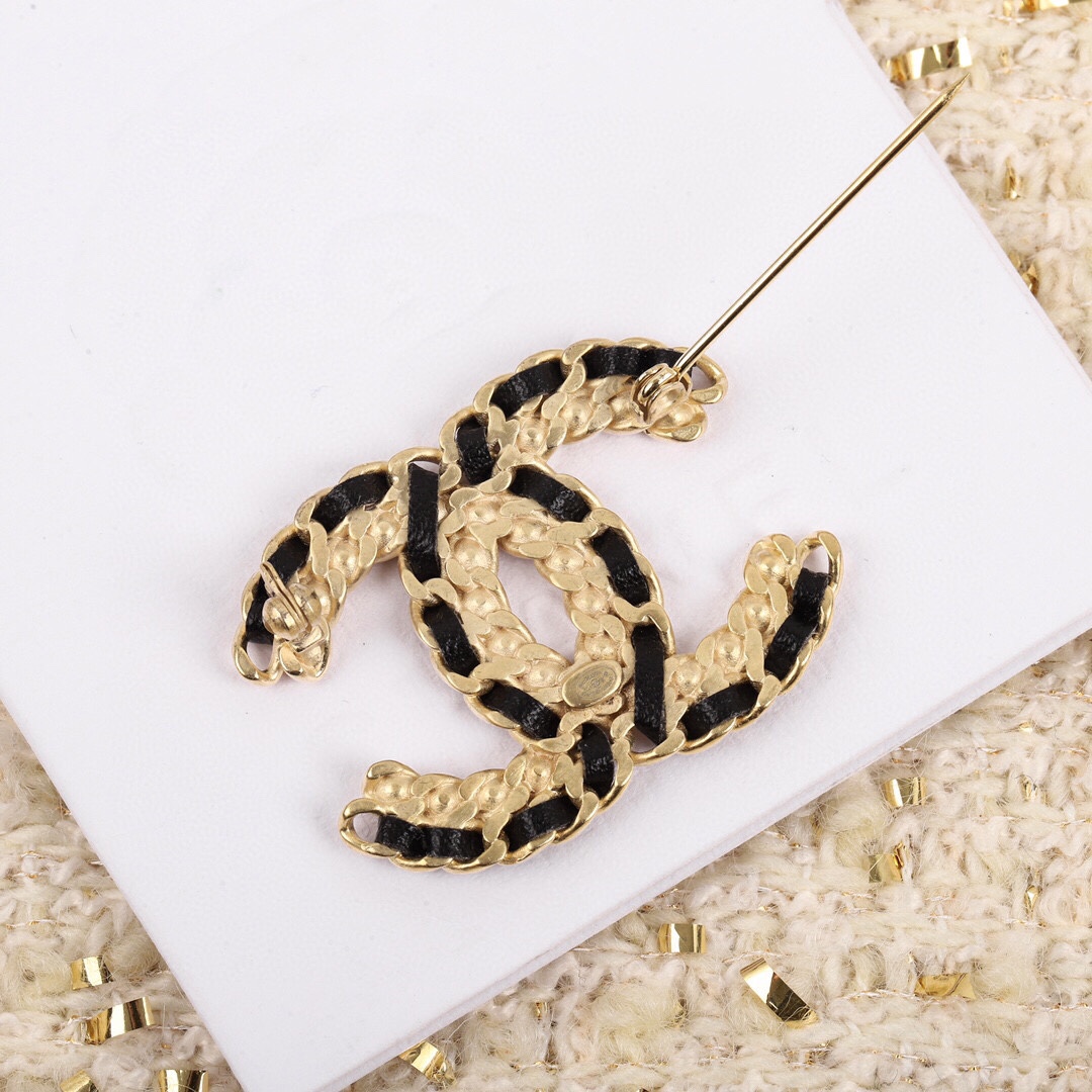 Chanel Leather Woven Diamond Paved Gold Brooch - Original Replica Club