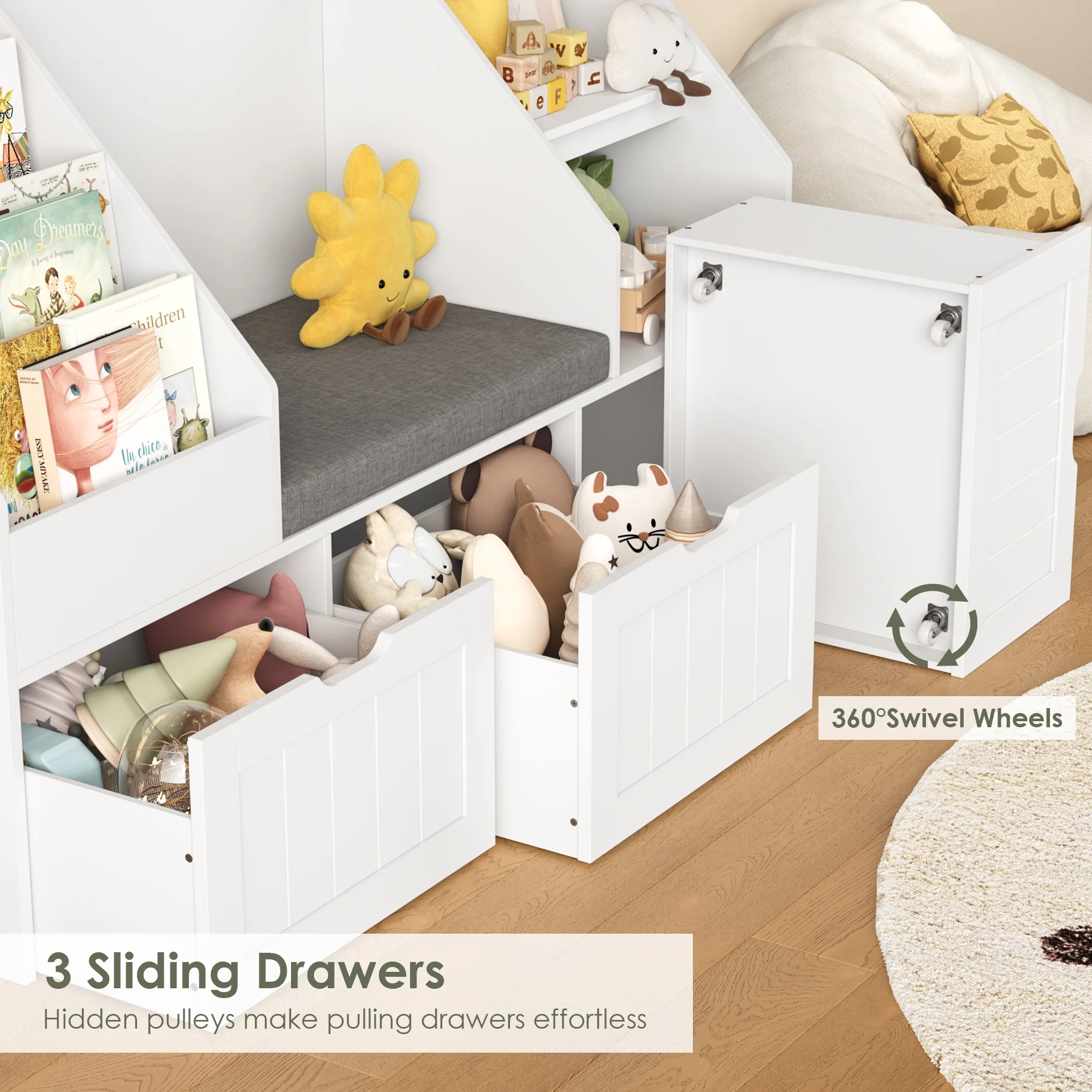 Homfa Kids Bookshelf with Reading Nook & 3 Movable Drawers, 2 Cube Bookcase with 4-Tier Book Racks, Toy Storage Organizer for Playroom Bedroom, White - Image 12