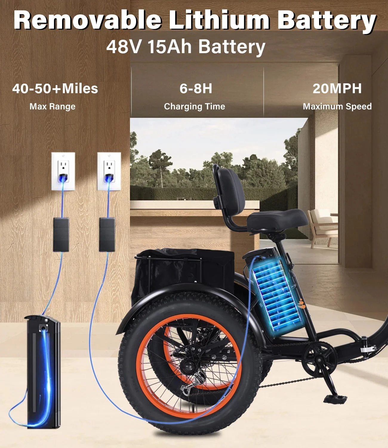 YEBEI Folding Electric Tricycle for Adults, 500W Motor, 48V15AH Lithium Battery, 20 x 4.0 in Fat Tires - Image 12 YEBEI Folding Electric Tricycle for Adults, 500W Motor, 48V15AH Lithium Battery, 20 x 4.0 in Fat Tires - Image 12