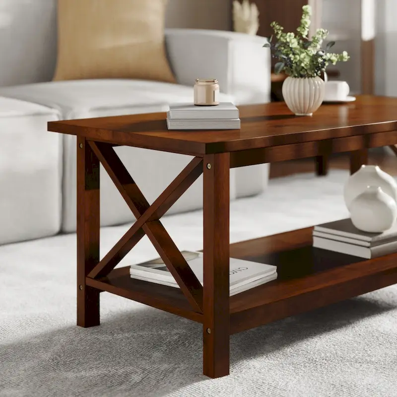 Farmhouse Coffee Table with Shelf and X-Frame Design