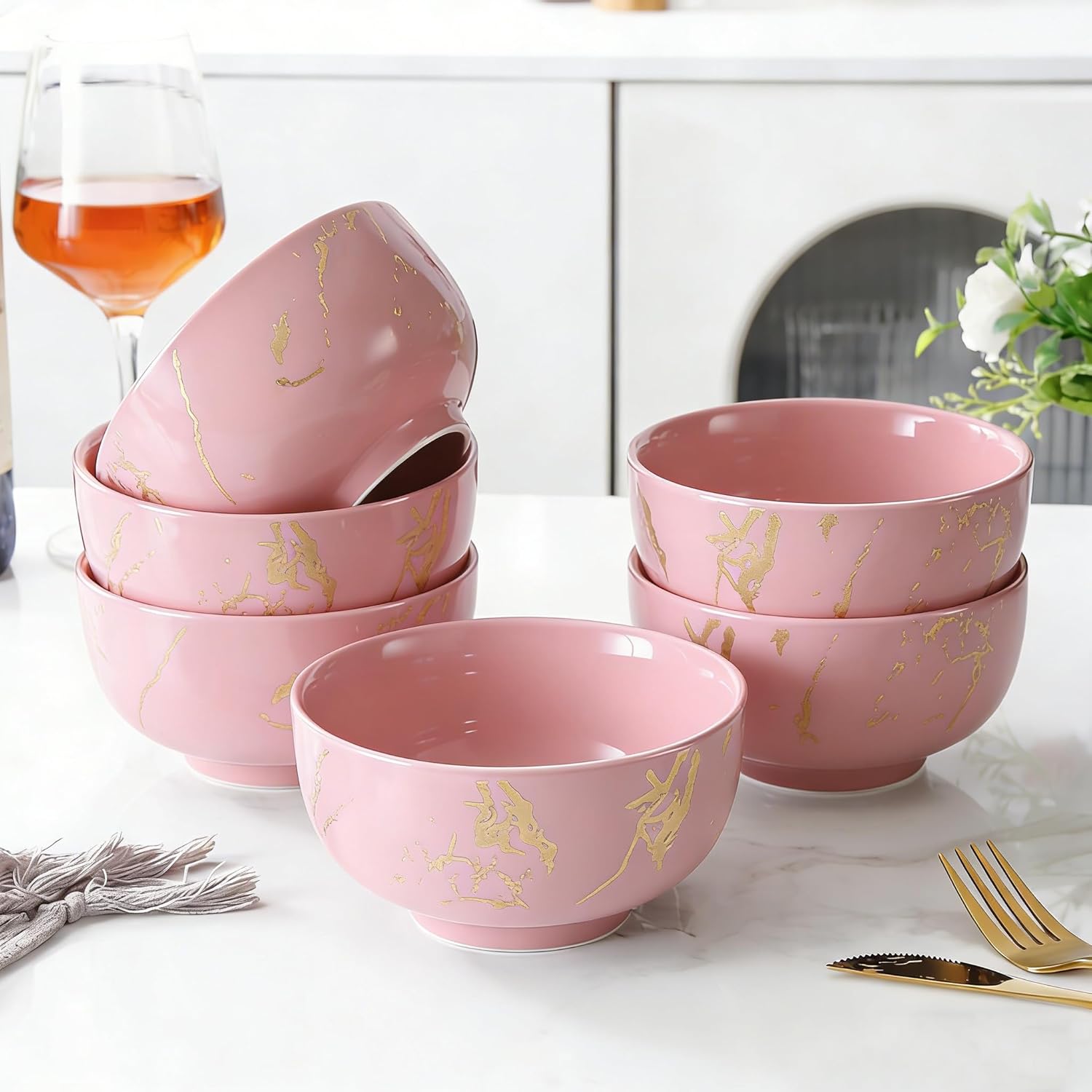 6-Piece Pink and Gold Marble Ceramic Bowls, 20 oz – Bohemian Soup & Cereal Bowl Set, Dishwasher & Microwave Safe, for Ramen, Pasta, Salad, Dessert