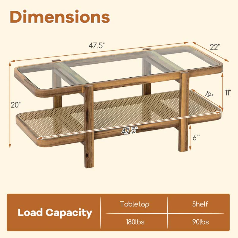 Eletriclife 2-Tier Coffee Table with Storage and Tempered Glass Tabletop