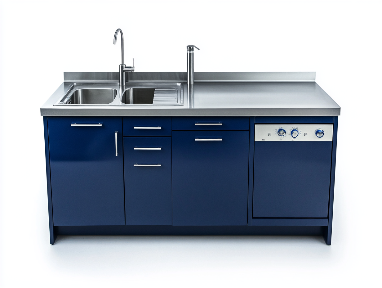 Cocina de acero inoxidable con fregadero doble y armarios azul marino