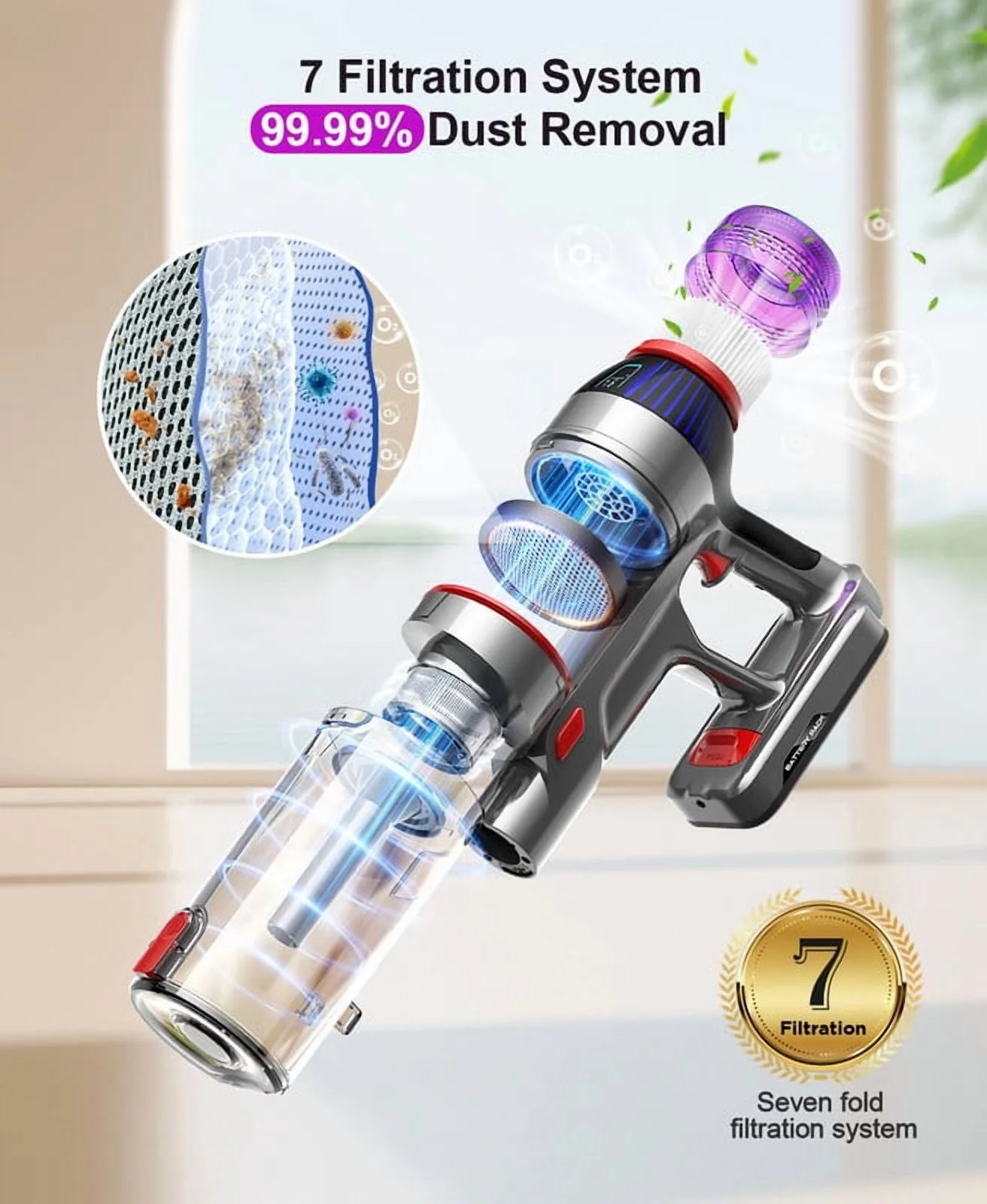 Hosaud Cordless Vacuum Cleaner - 45000pa 550W 55mins 2600mAh Lightweight Stick Vacuum Cleaners for Home Pet Hair Carpet Floor Purple - Image 11