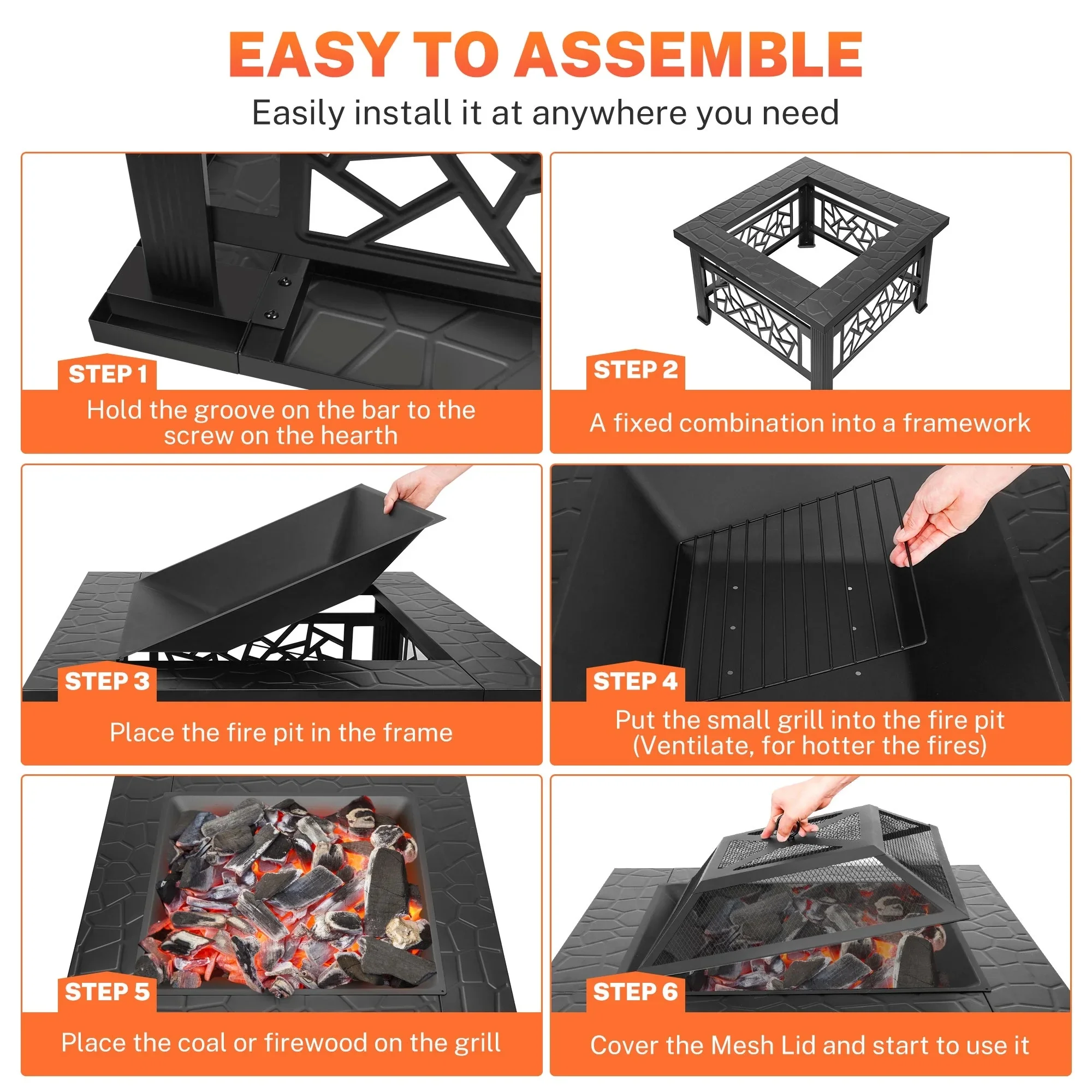 32" Fire Pits for Outside, SYNGAR Wood Burning Bonfire Fire Pit Table with Mesh Lid, Grate, BBQ Grill and Poker, Outdoor Metal Square Fire Pit for BBQ, Camping, Picnics, Backyard - Image 7
