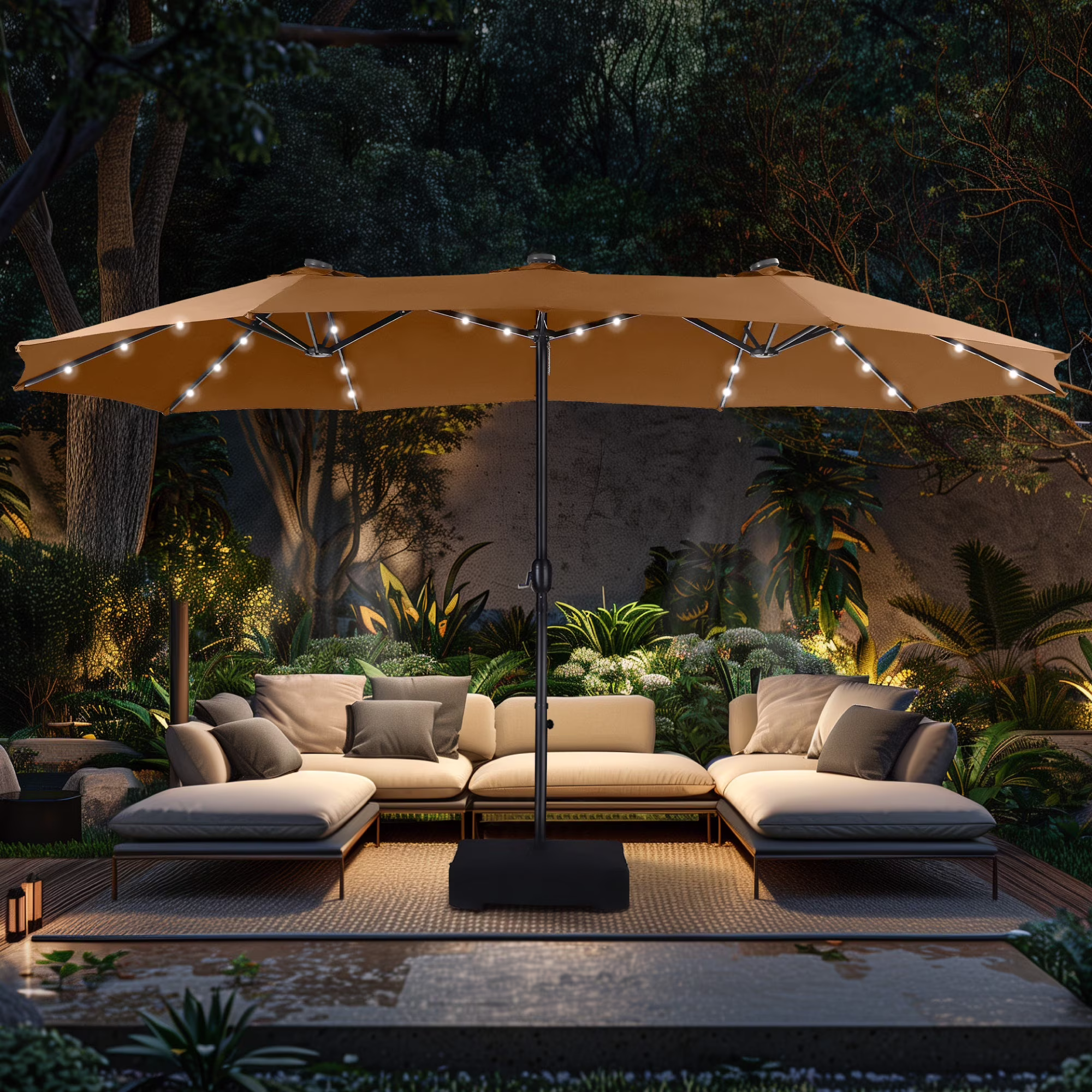 Alpha Joy 15ft Extra Large Outdoor Patio Double-Sided Umbrella with LED Solar Lights & Umbrella Base, Beige - Image 5