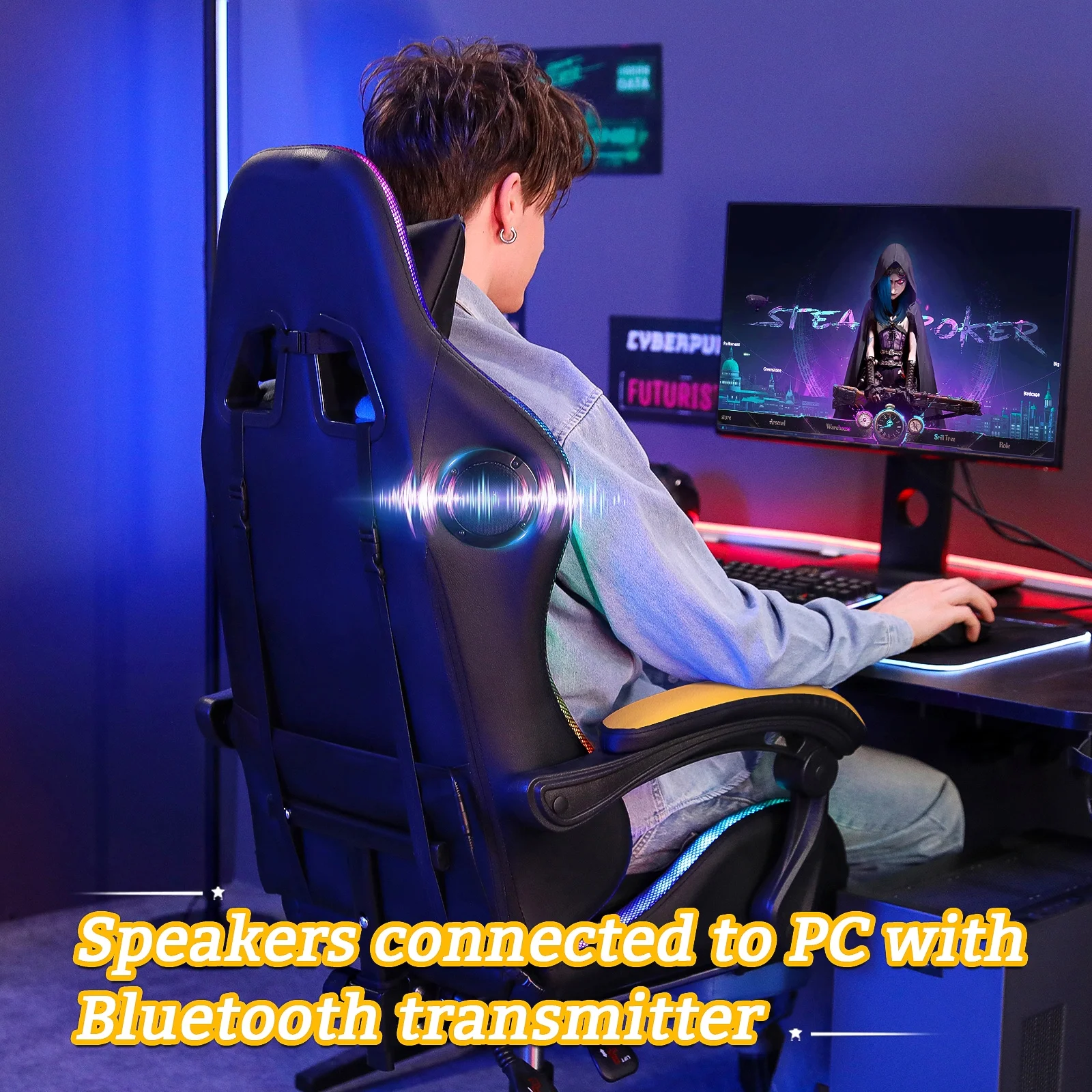 Hoffree Gaming Chair with Speakers PU Leather Office Chair with Footrest and LED Lights Ergonomic Gamer Chair with Massage Lumbar Support and Headrest Adjustable Swivel for Home Office 300lb - Image 30