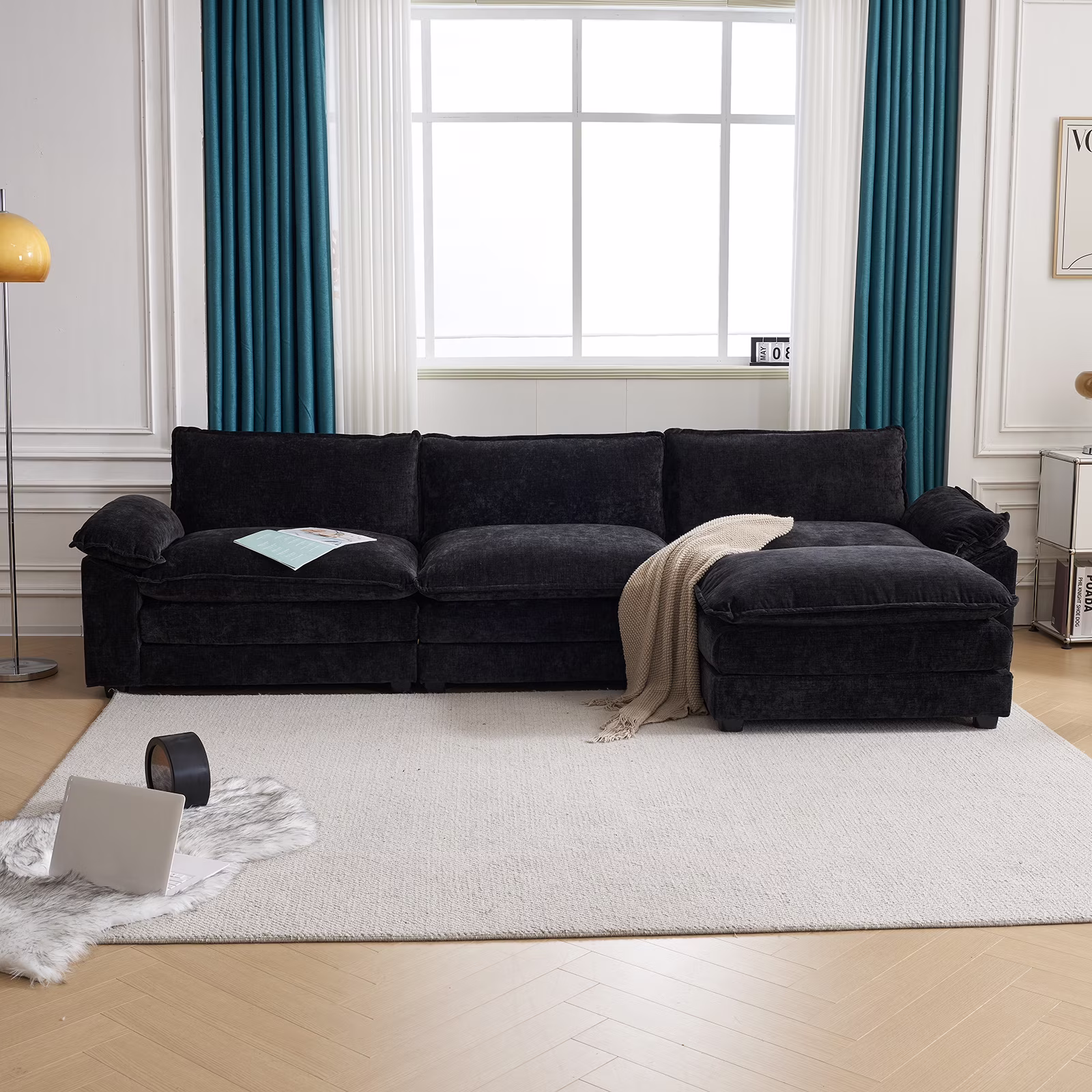 Zimtown Sectional Sofa with Ottoman, L Shaped Convertible Couch with Removable Chaise Chenille Fabric Sofa Set for 4 - 6 Persons Living Room Furniture Dark Grey(1 Seater+1 Ottoman/Beige)