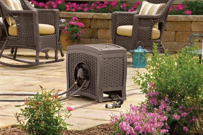Suncast Aquawinder 125 Wicker Garden Hose Reel Lightweight Portable Hands Free Water Powered Retractable Hose Reel Java