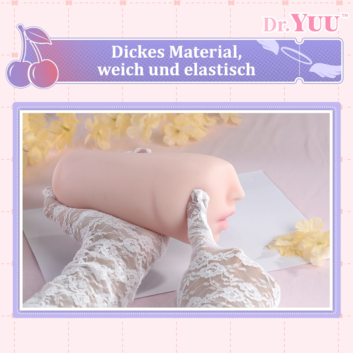 Weicher und elastischer Dr.YUU Mund-Masturbator aus dickem Material in einer Produktaufnahme