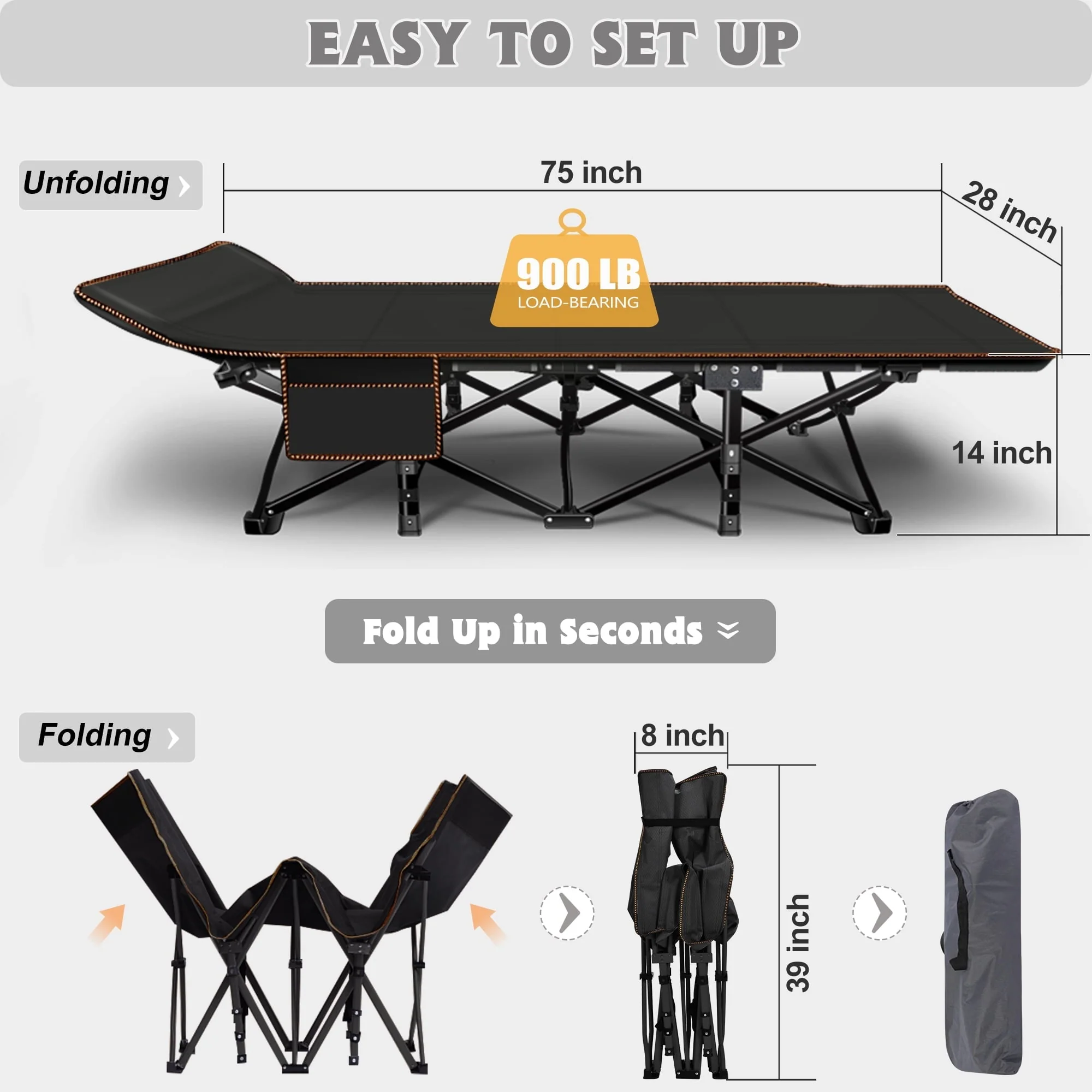 MOPHOTO Adults Folding Camping Cot, Oxford Folding Cot Portable Outdoor Military Sleeping Bed, Camping Cot with Mattress&Carry Bag, 75" x 28"x 14" - Image 2