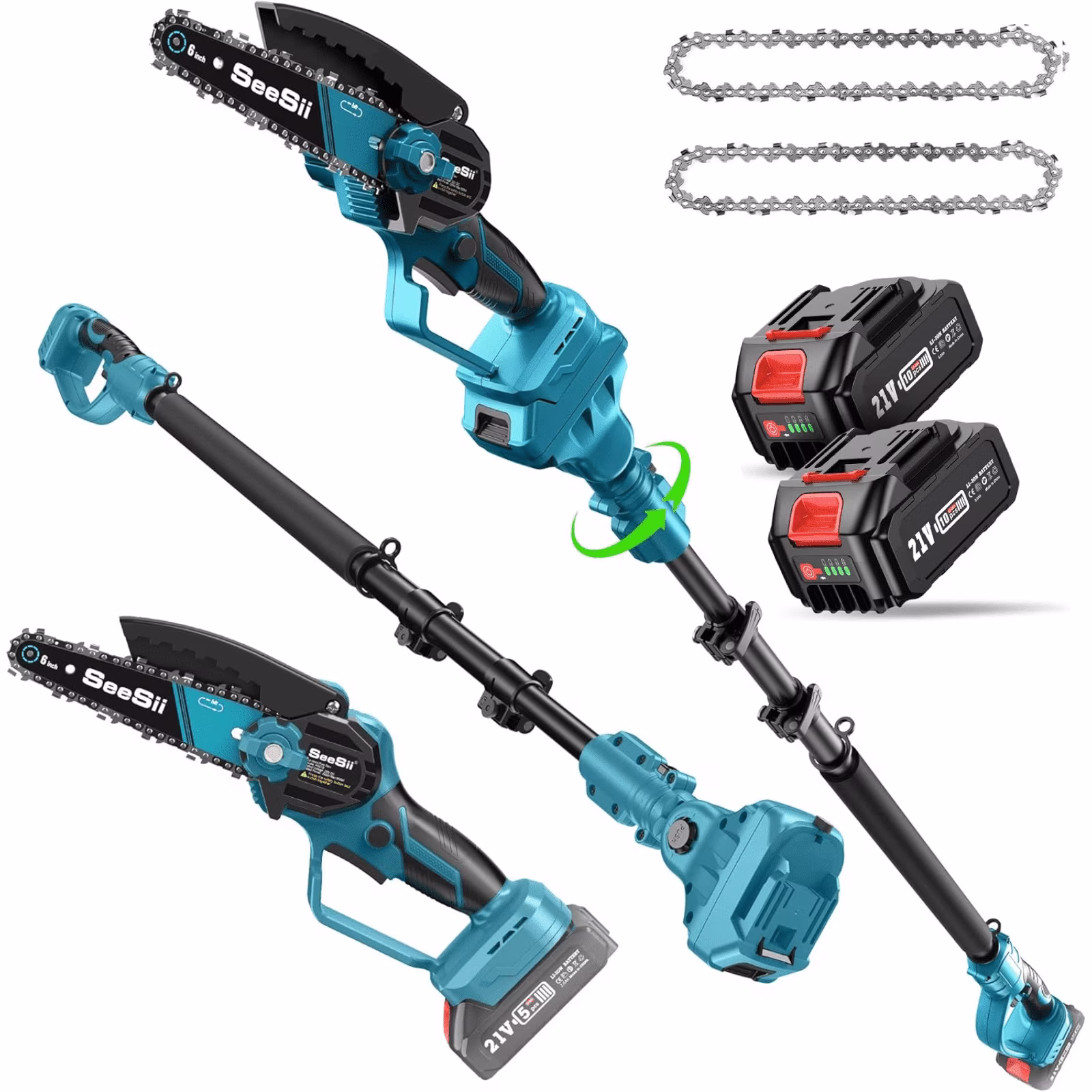 Seesii 2-in-1 Cordless Pole Saw, 6 Inch Brushless Pole Chainsaws Mini Handheld Chainsaw with 2x 4.0Ah 21V Batteries, 2x Chains, Auto Oiler, 16FT MAX Extension Pole for Tree Trimming