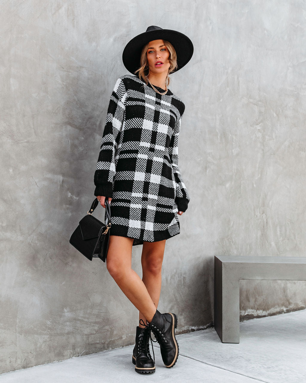 Very Forward Plaid Knit Sweater Dress - Se7enfashion