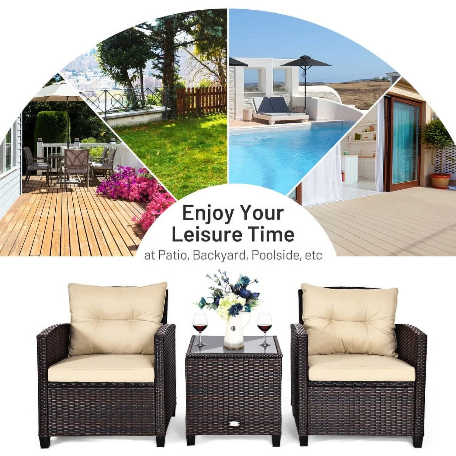Spaco Patio Furniture 4 Pieces Patio Rattan Furniture Set, Outdoor Wicker Rattan Chairs Garden Backyard Balcony Porch Poolside loveseat with Coffee Table Cushioned Sofa-White - Image 4