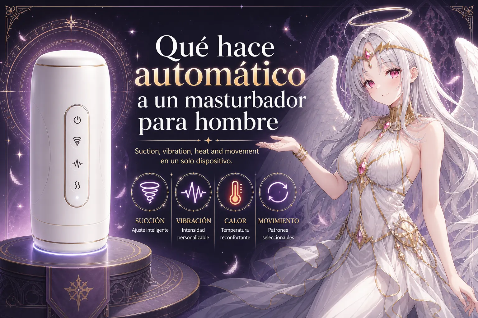 Masturbador automático para hombre con iconos de succión, vibración, calor y movimiento
