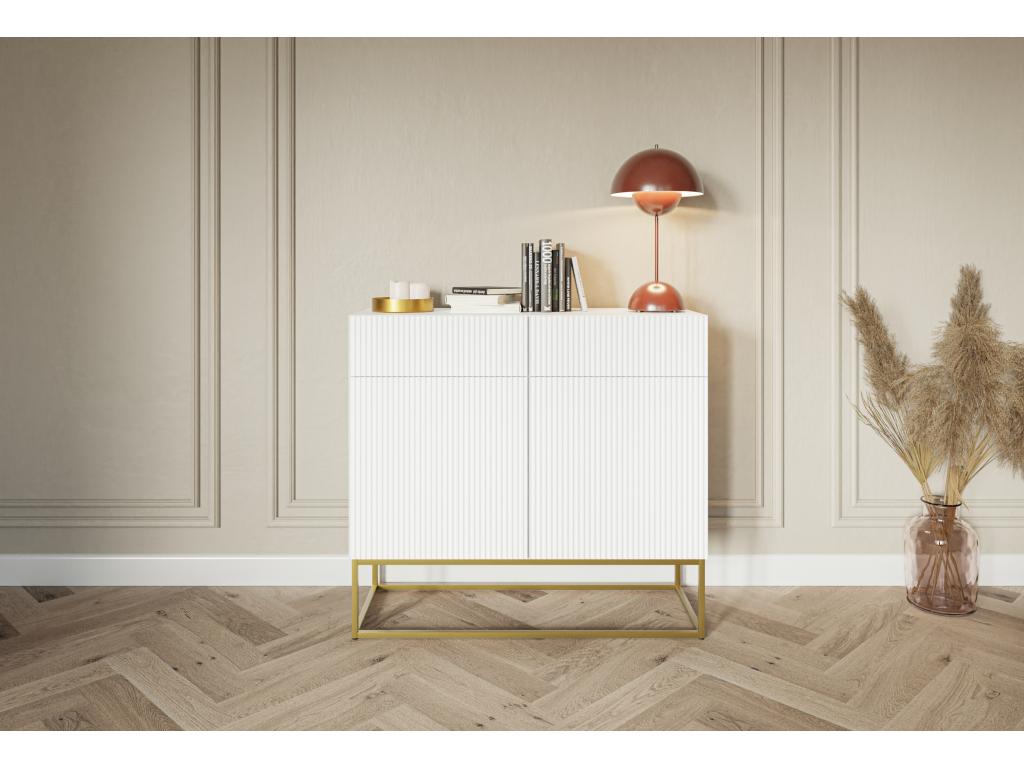Cómoda de 2 puertas con 2 cajones - 100 cm - blanca con patas de metal dorado - VELDIO