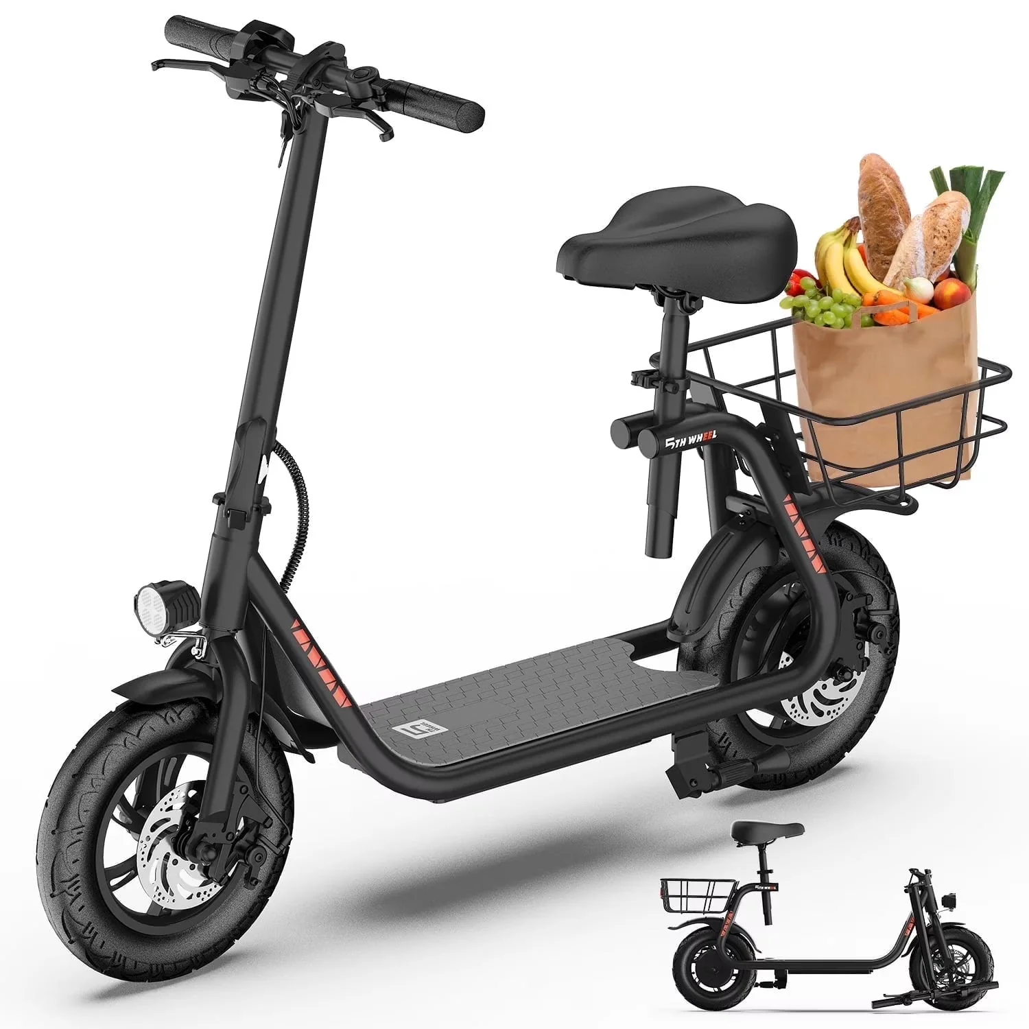 5TH WHEEL Electric Scooter With Seat And Carry Basket, 450W, 36V, 20-Mile Range, 15.5 Mph, 12 Inch - W18S 5TH WHEEL Electric Scooter With Seat And Carry Basket, 450W, 36V, 20-Mile Range, 15.5 Mph, 12 Inch - W18S
